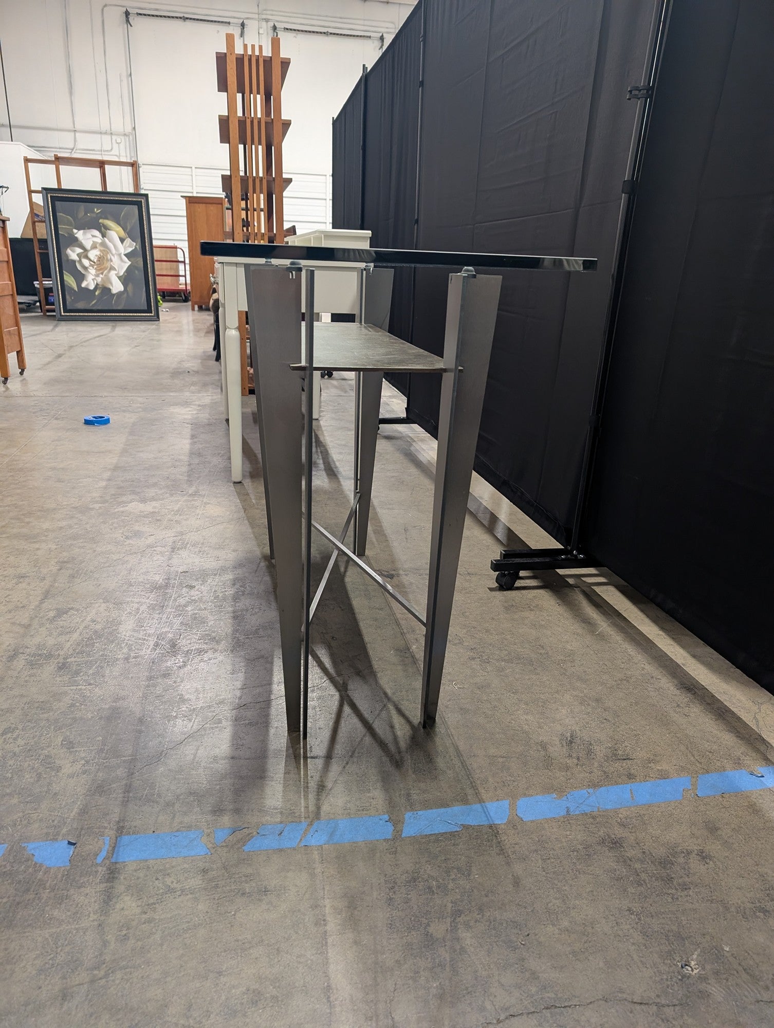 Industrial Gray Metal Console Table with Glass Top