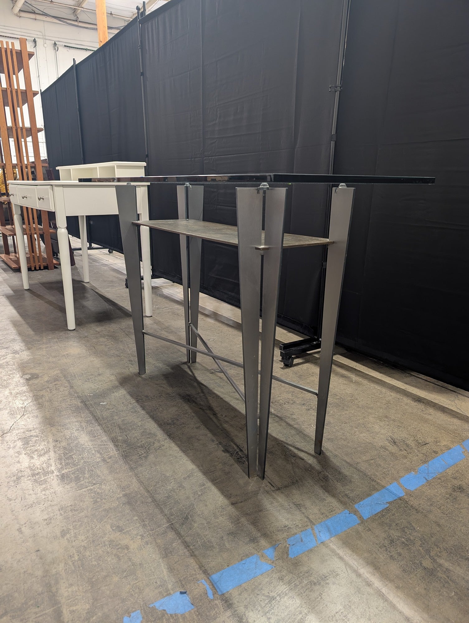 Industrial Gray Metal Console Table with Glass Top