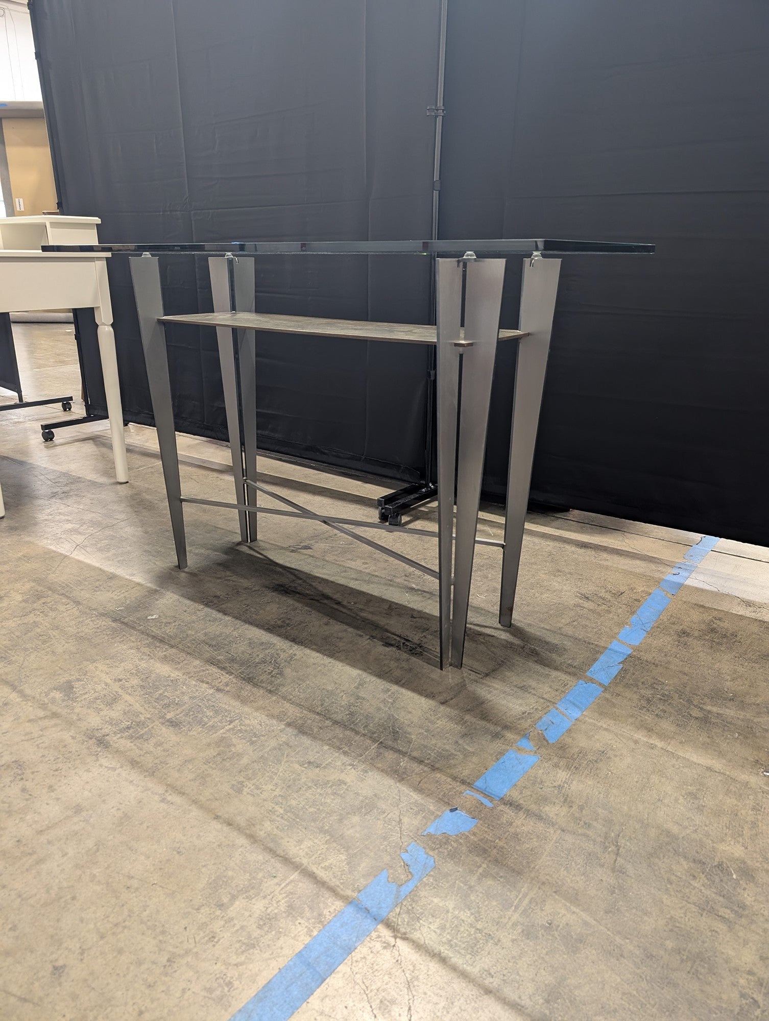 Industrial Gray Metal Console Table with Glass Top