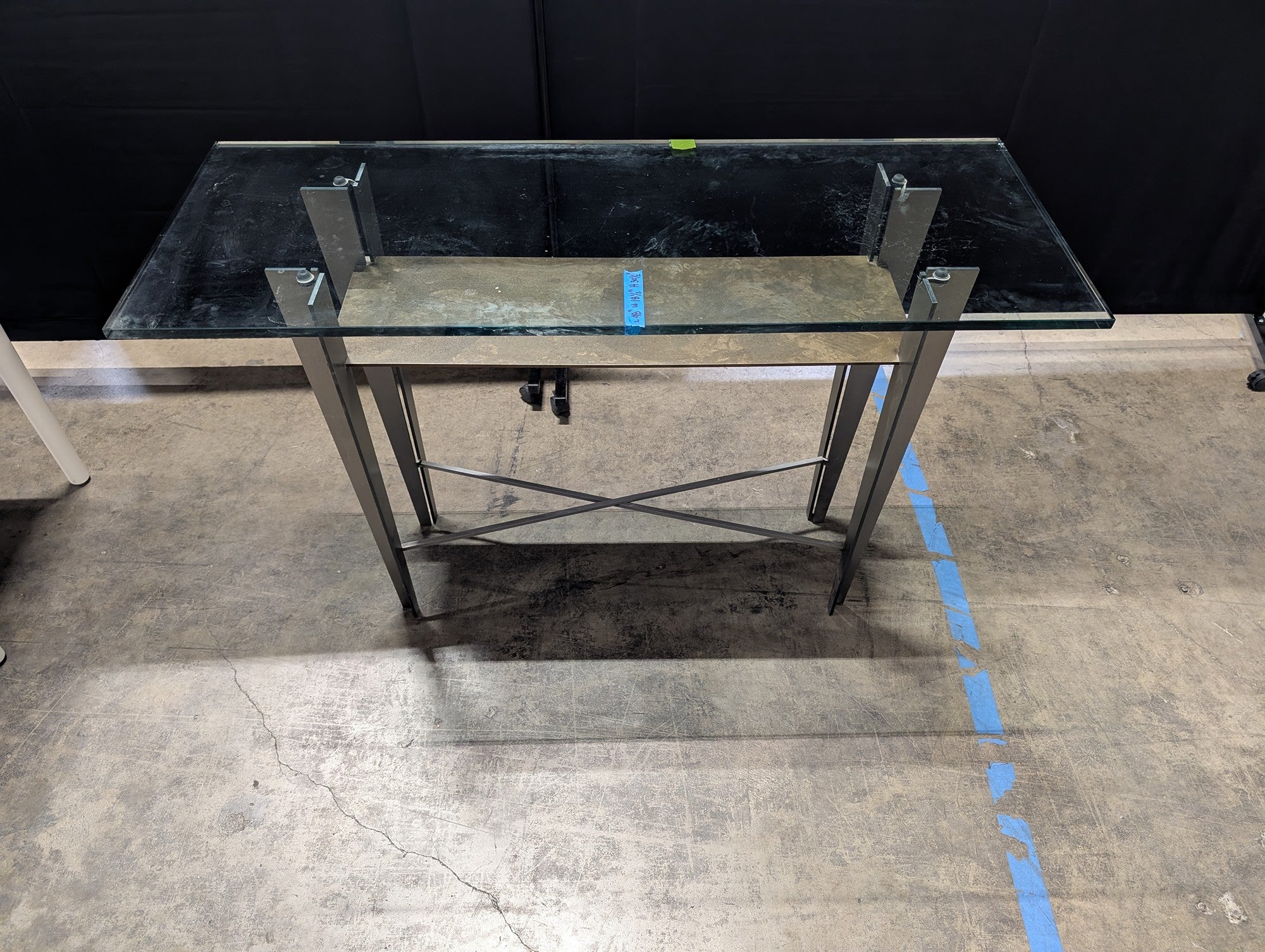 Industrial Gray Metal Console Table with Glass Top