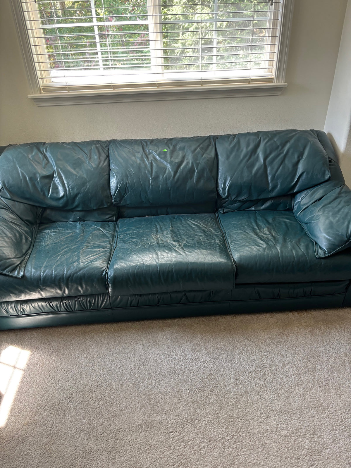 Deep Green Leather Three-Cushion Couch