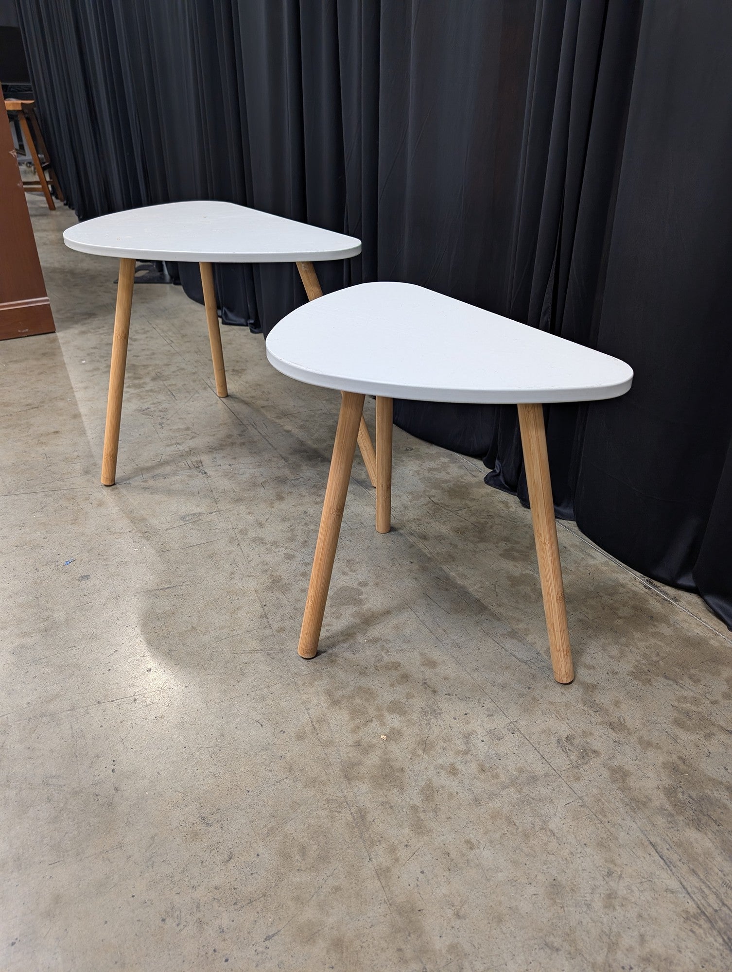 Pair of Modern White Top End Tables with Natural Wood Legs
