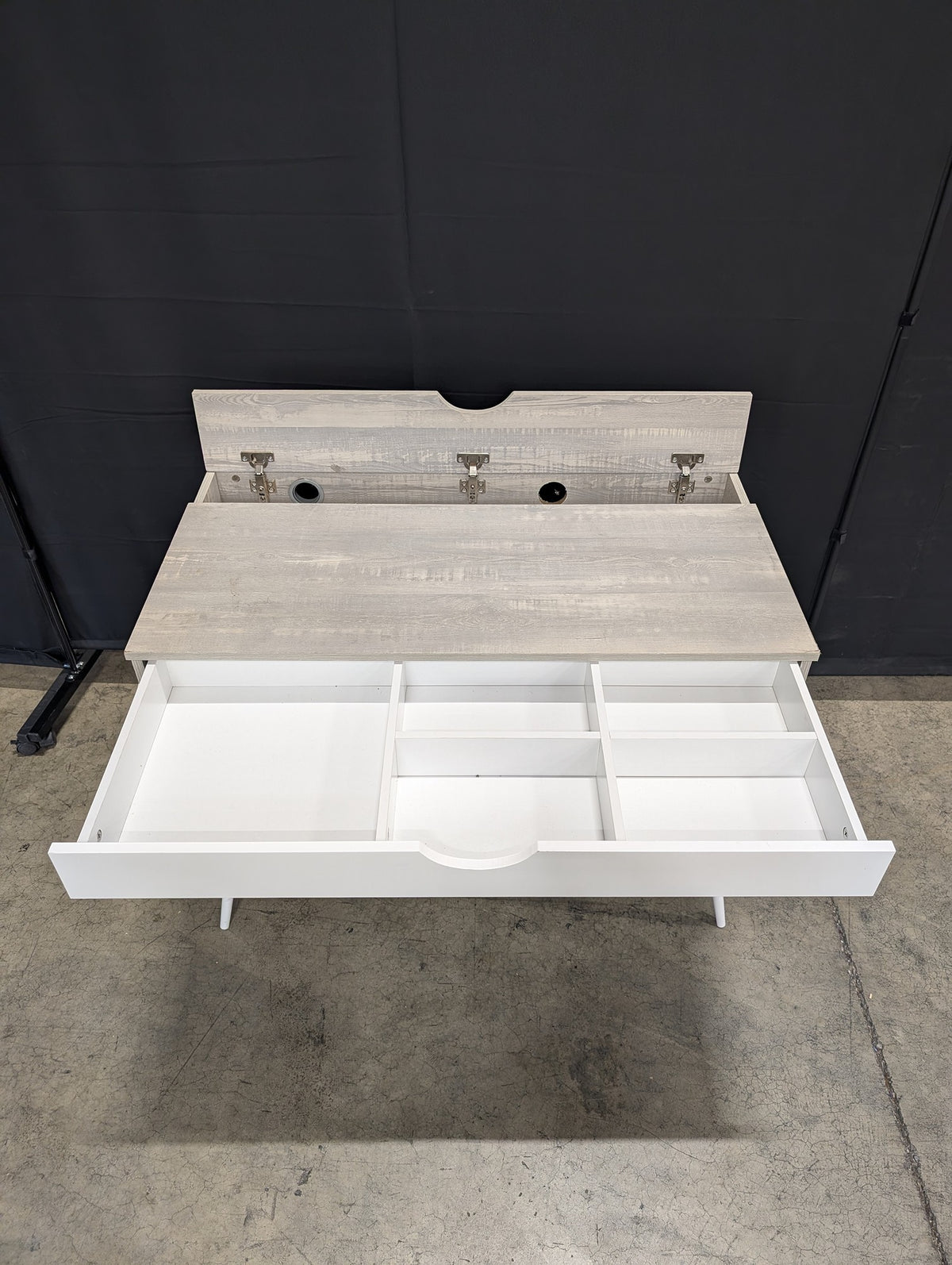 Light Wood Grain and White Desk with Tapered Legs