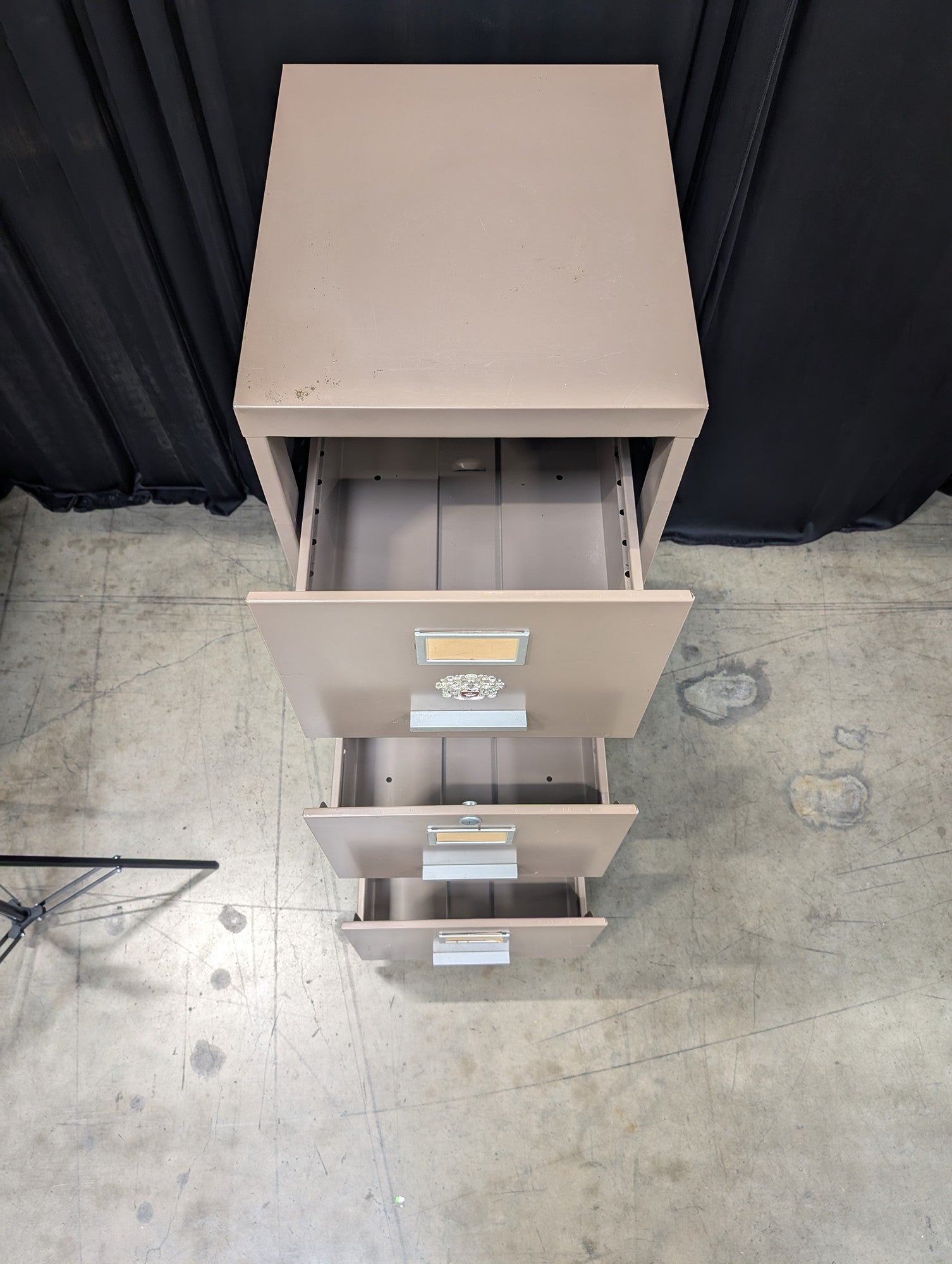 Tan Metal Three-Drawer Filing Cabinet with missing key