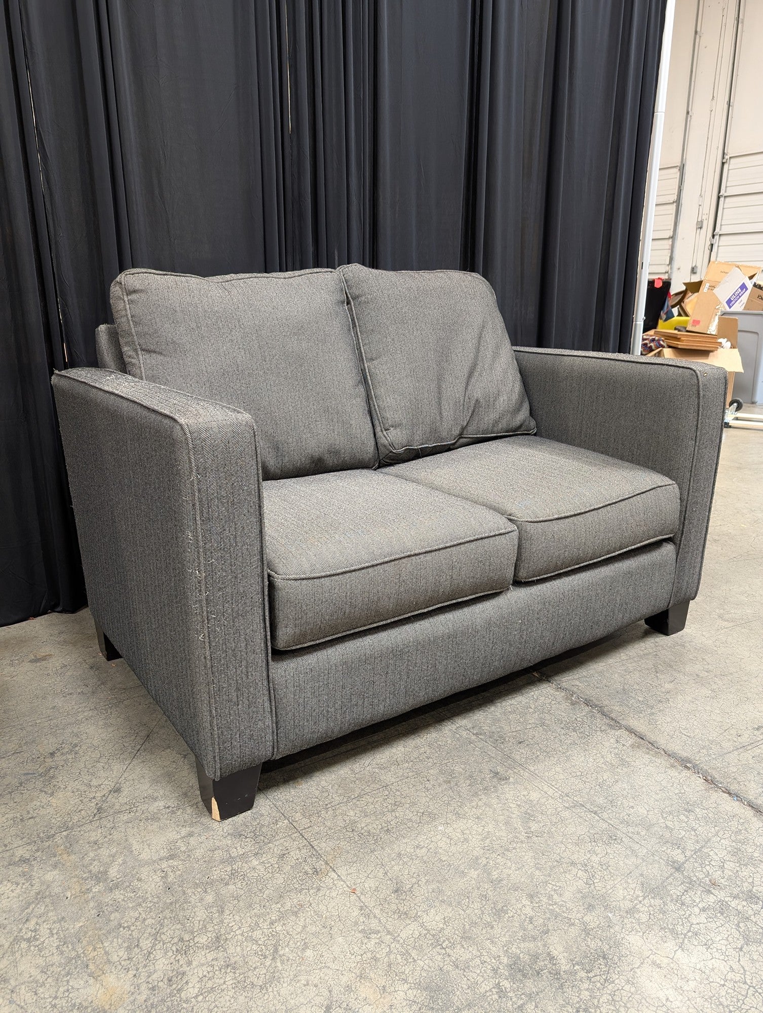Grey Herringbone Fabric Loveseat with Track Arms