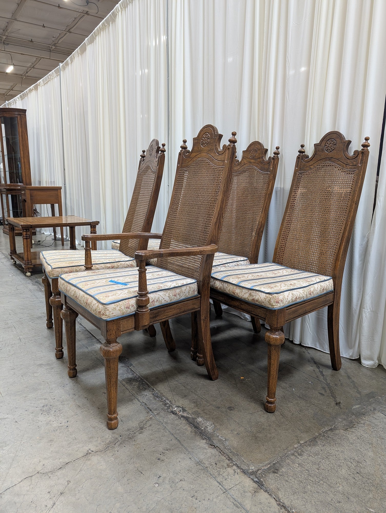 Set of Five American Street Furniture Carved Wood Dining Chairs with Cane Backs