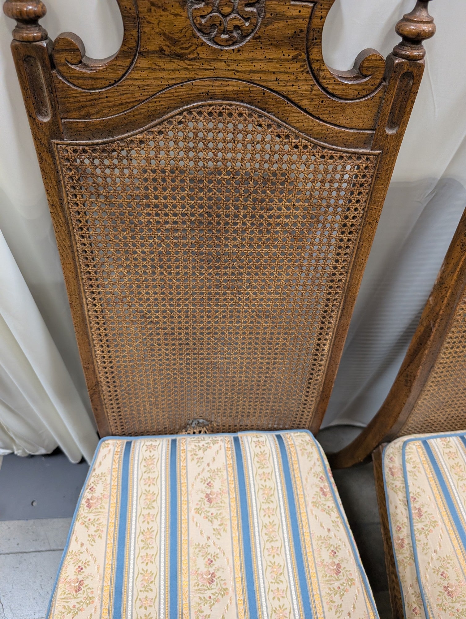 Set of Five American Street Furniture Carved Wood Dining Chairs with Cane Backs