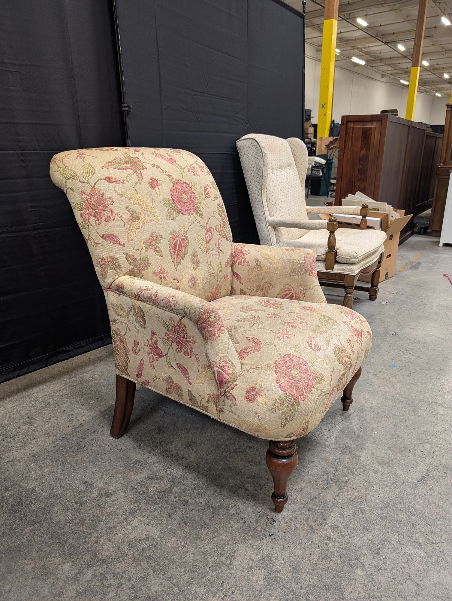 Cream Floral Pattern Armchair with Wood Legs