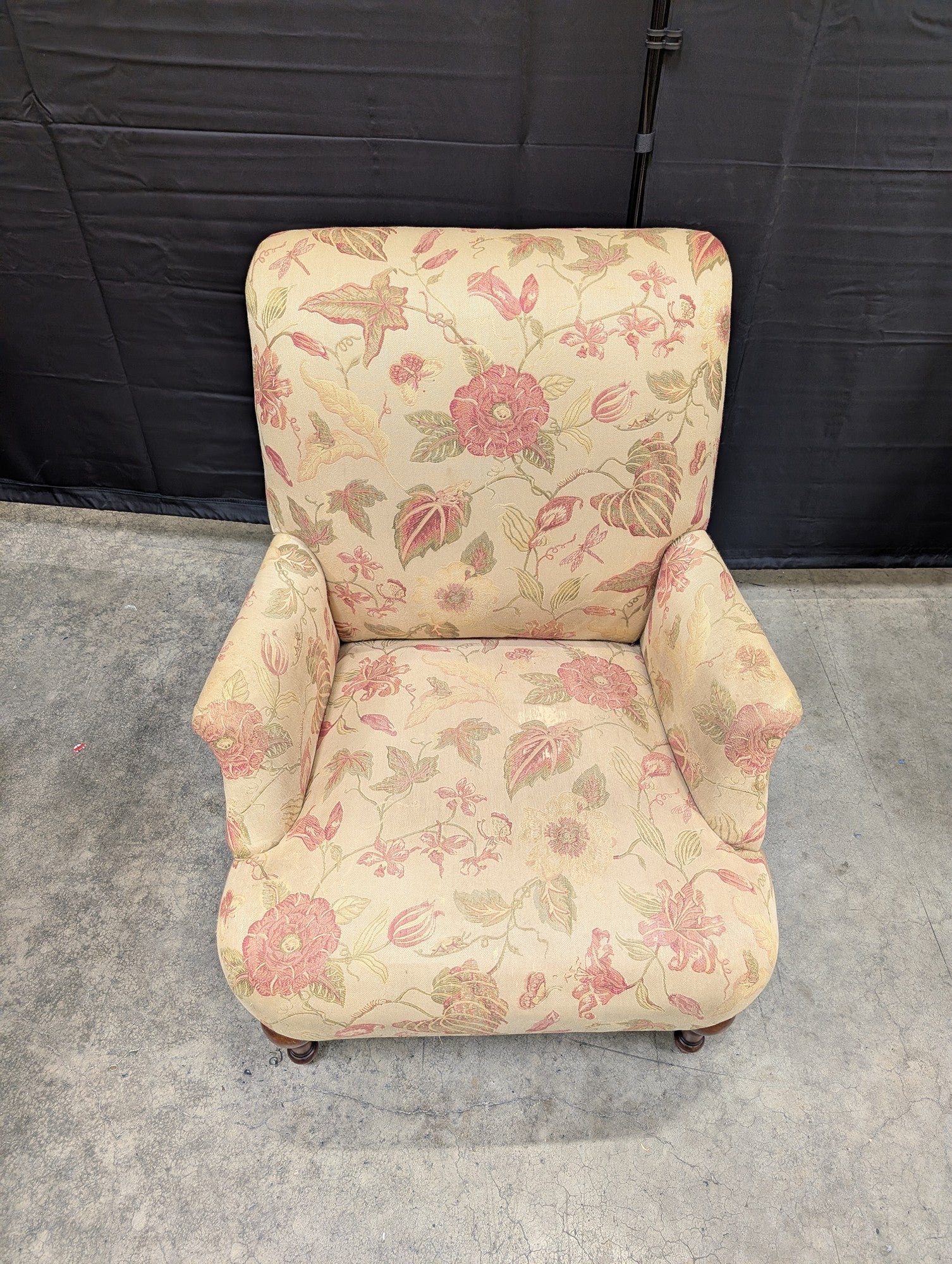 Cream Floral Pattern Armchair with Wood Legs