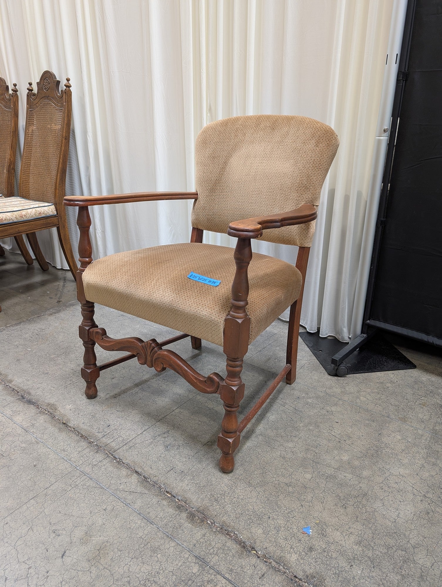 Traditional Brown Wood Arm Chair with Beige Upholstery