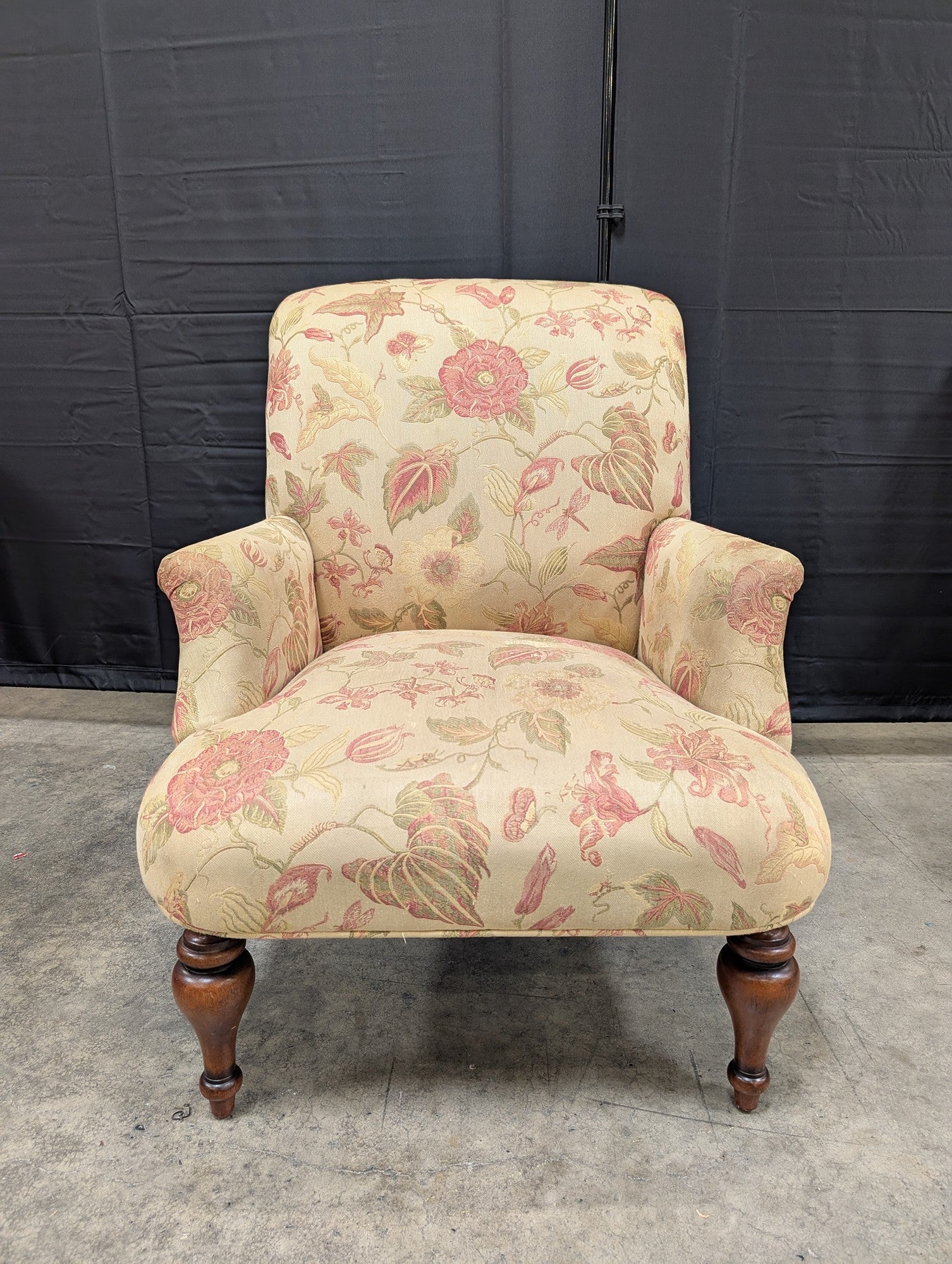 Cream Floral Pattern Armchair with Wood Legs