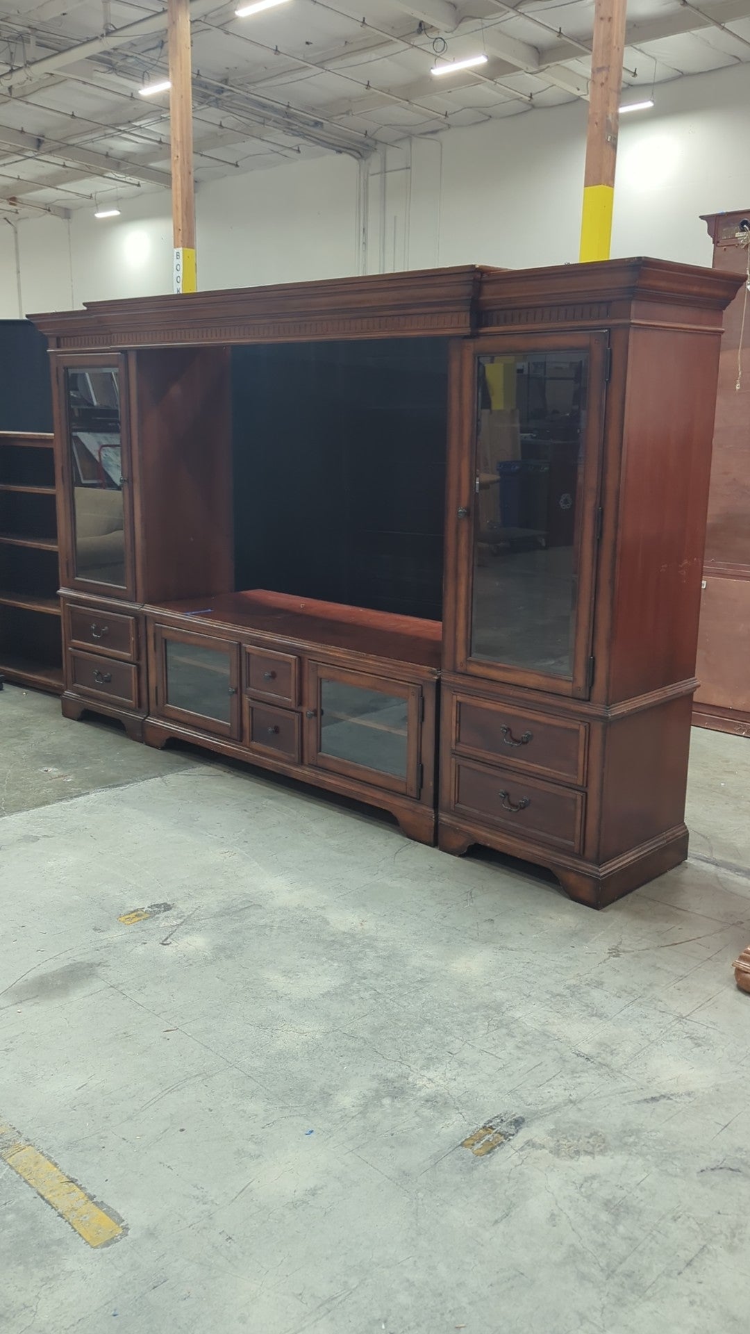 Traditional Dark Wood TV Stand with Glass Doors