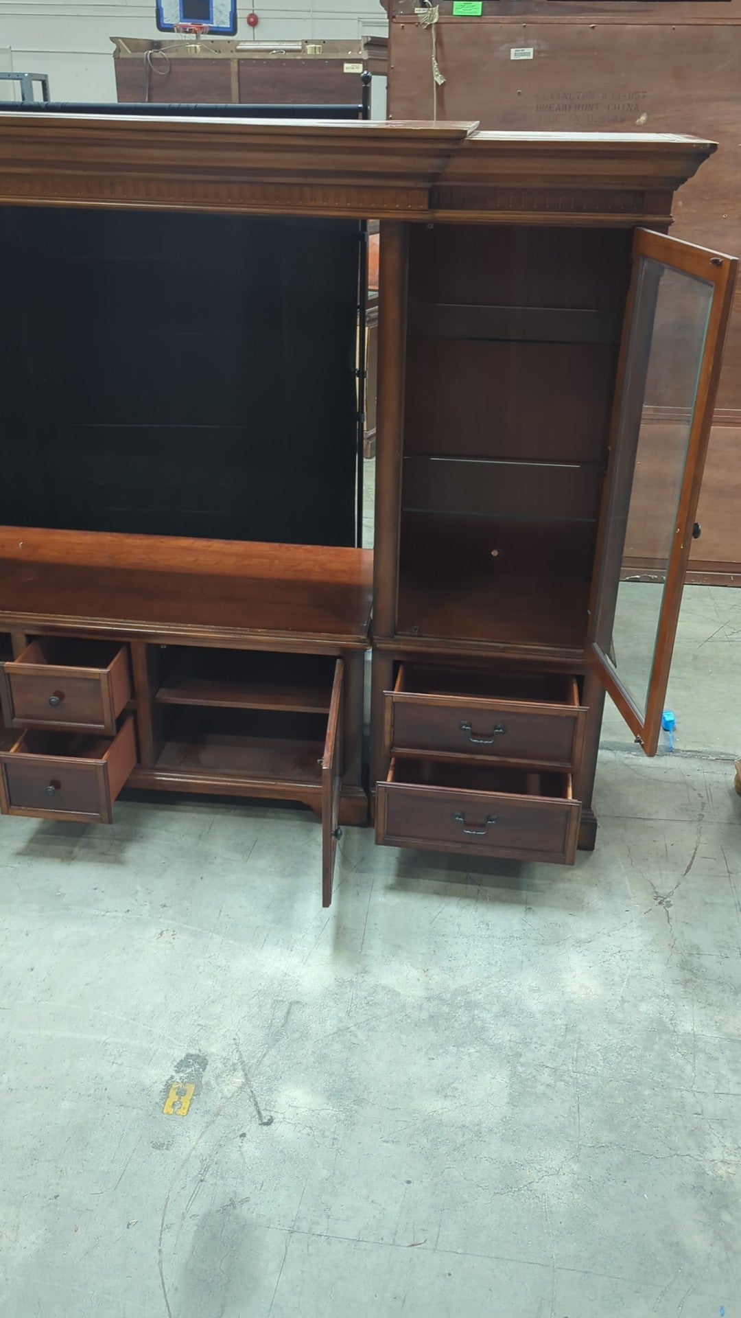 Traditional Dark Wood TV Stand with Glass Doors