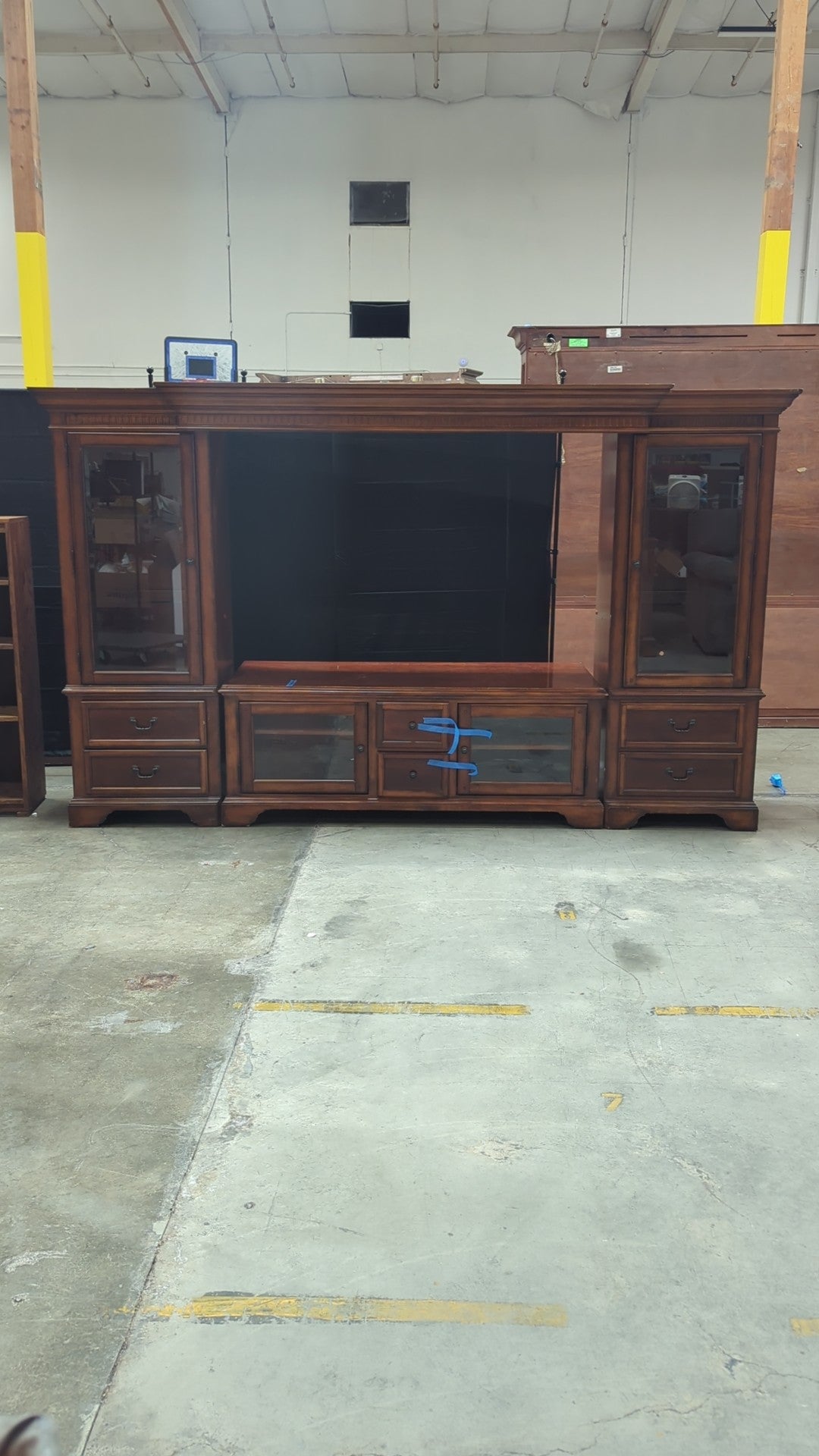 Traditional Dark Wood TV Stand with Glass Doors
