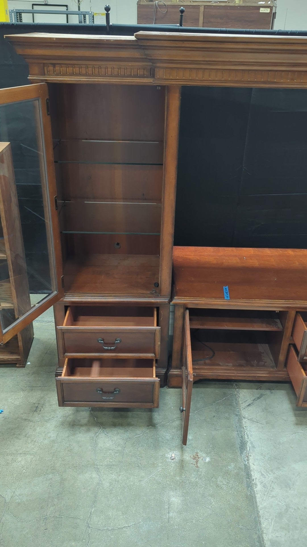 Traditional Dark Wood TV Stand with Glass Doors