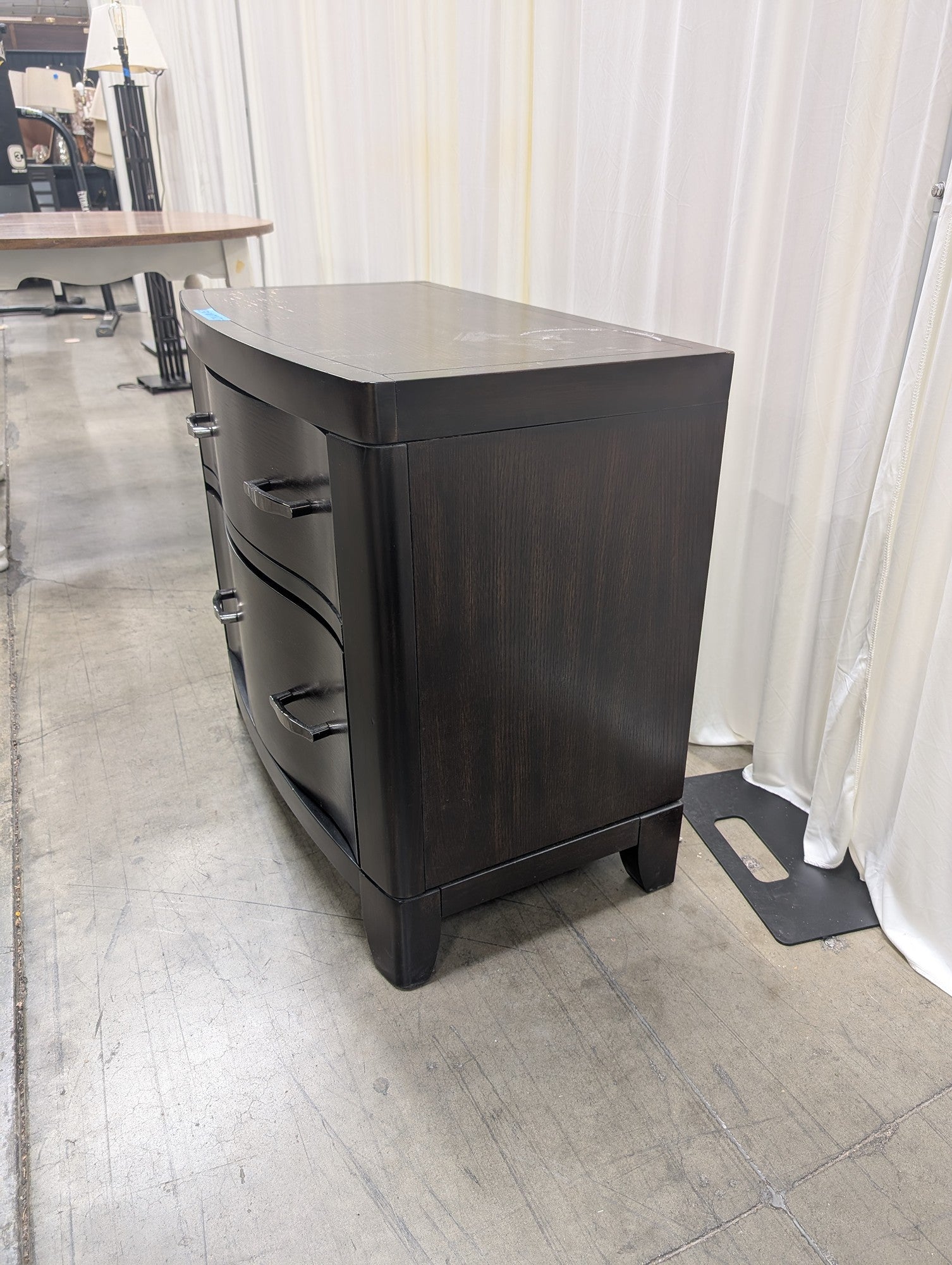 Curved Front Two-Drawer Nightstand in Dark Wood