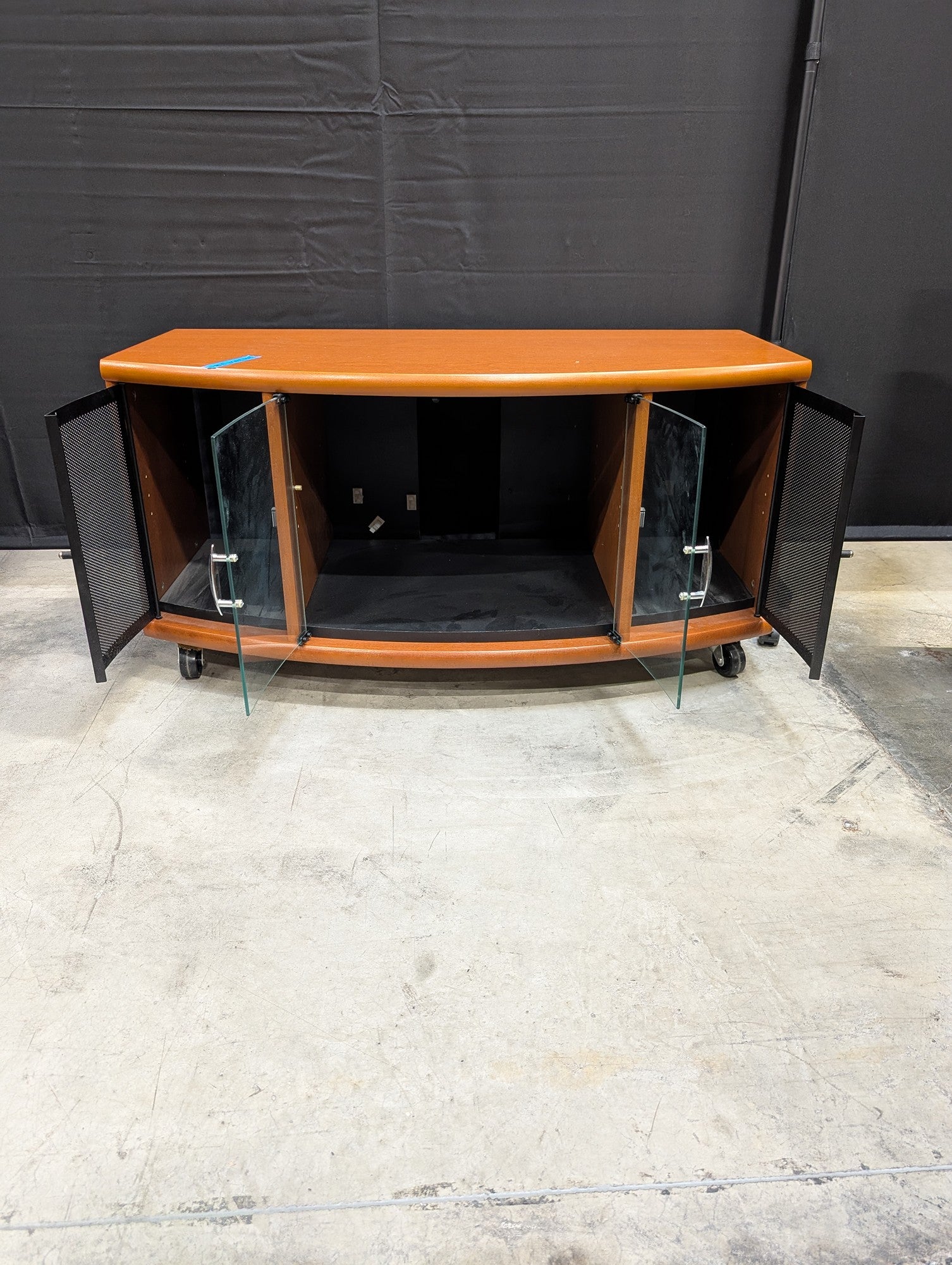 Curved Front Wood Media Console with Glass and Mesh Doors