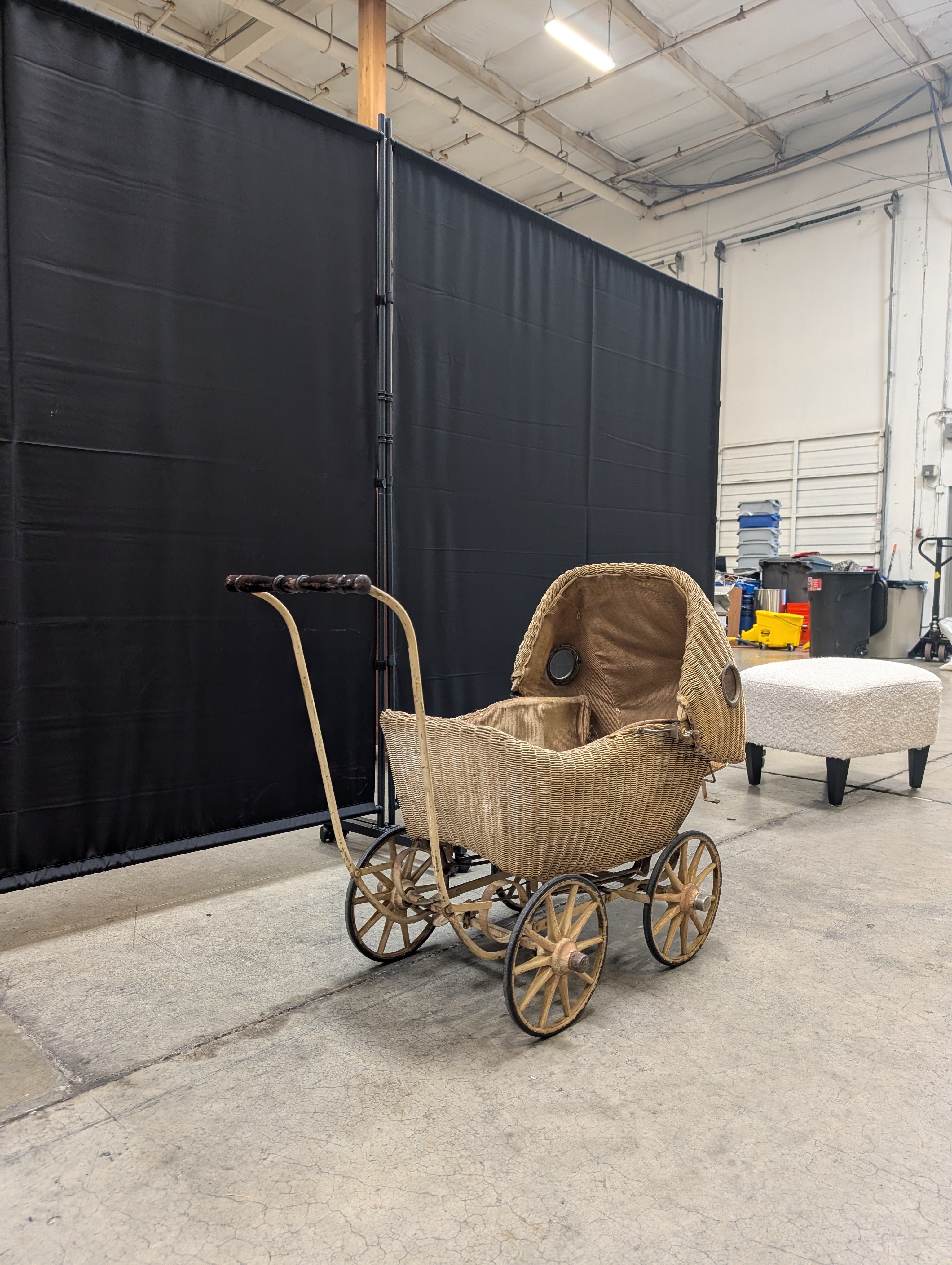 Vintage Lloyd Loom Baby Carriage with Glass Porthole Window