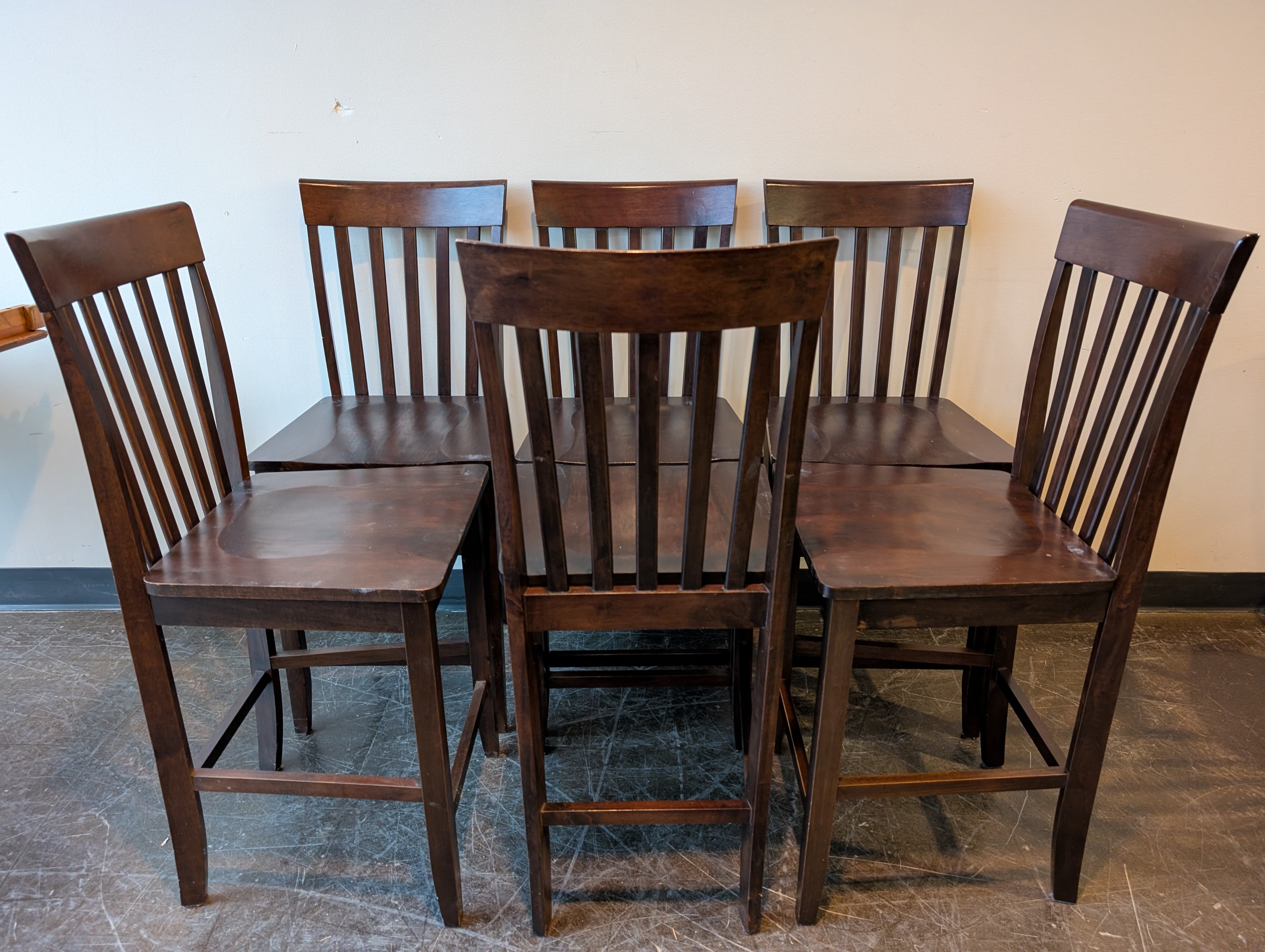Set of Six Rich Brown Wood Slat Back Dining Chairs