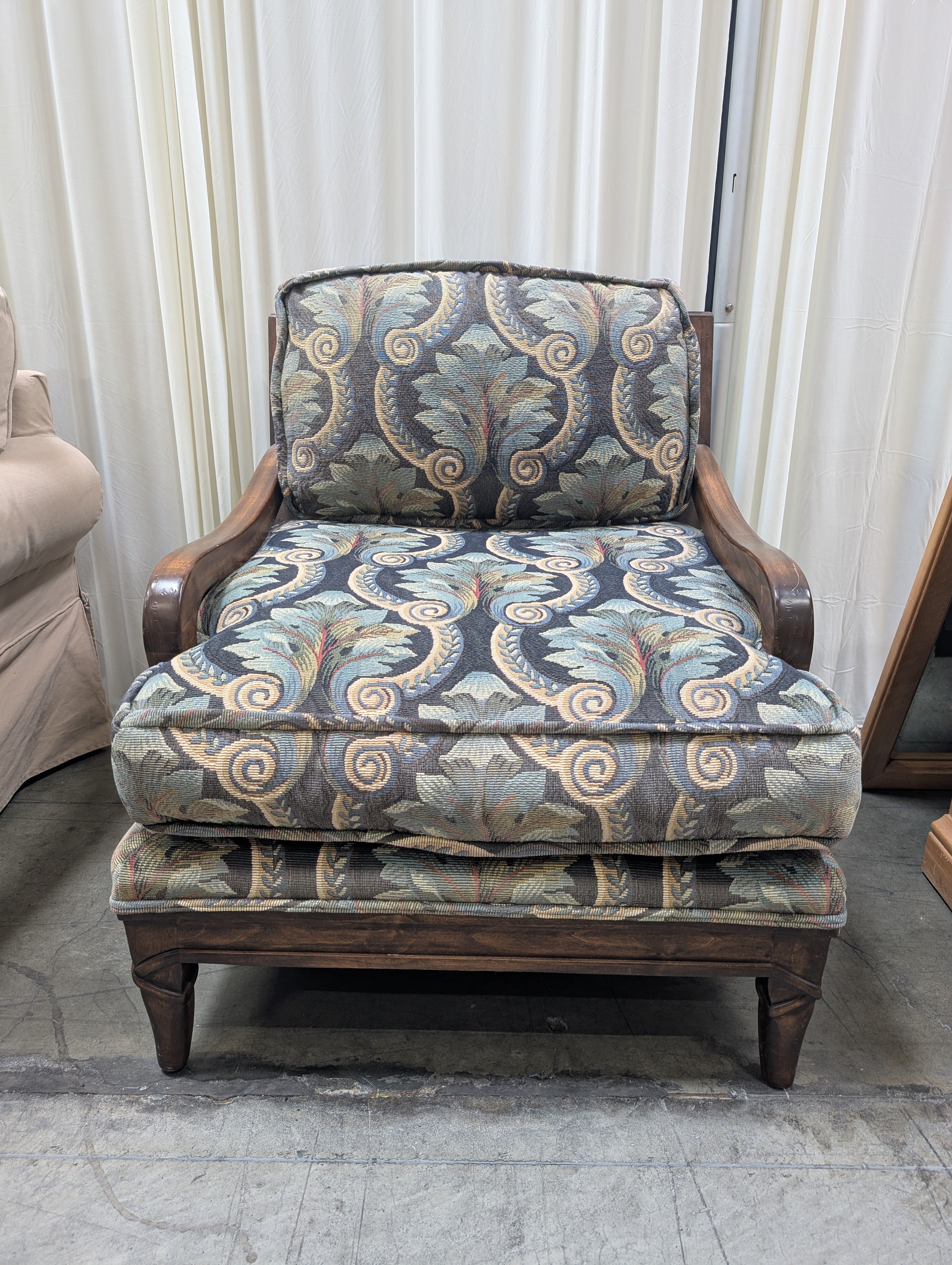 Carved Wood Accent Armchair with Tapestry Cushions