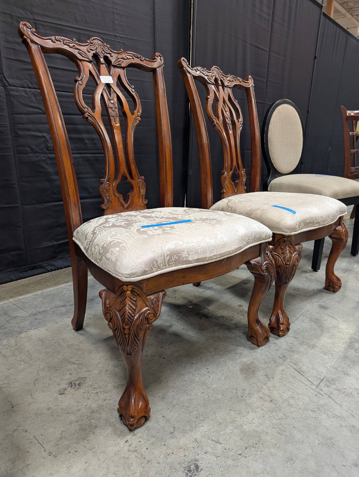 Traditional Carved Wood Dining Side Chair with Damask Upholstery