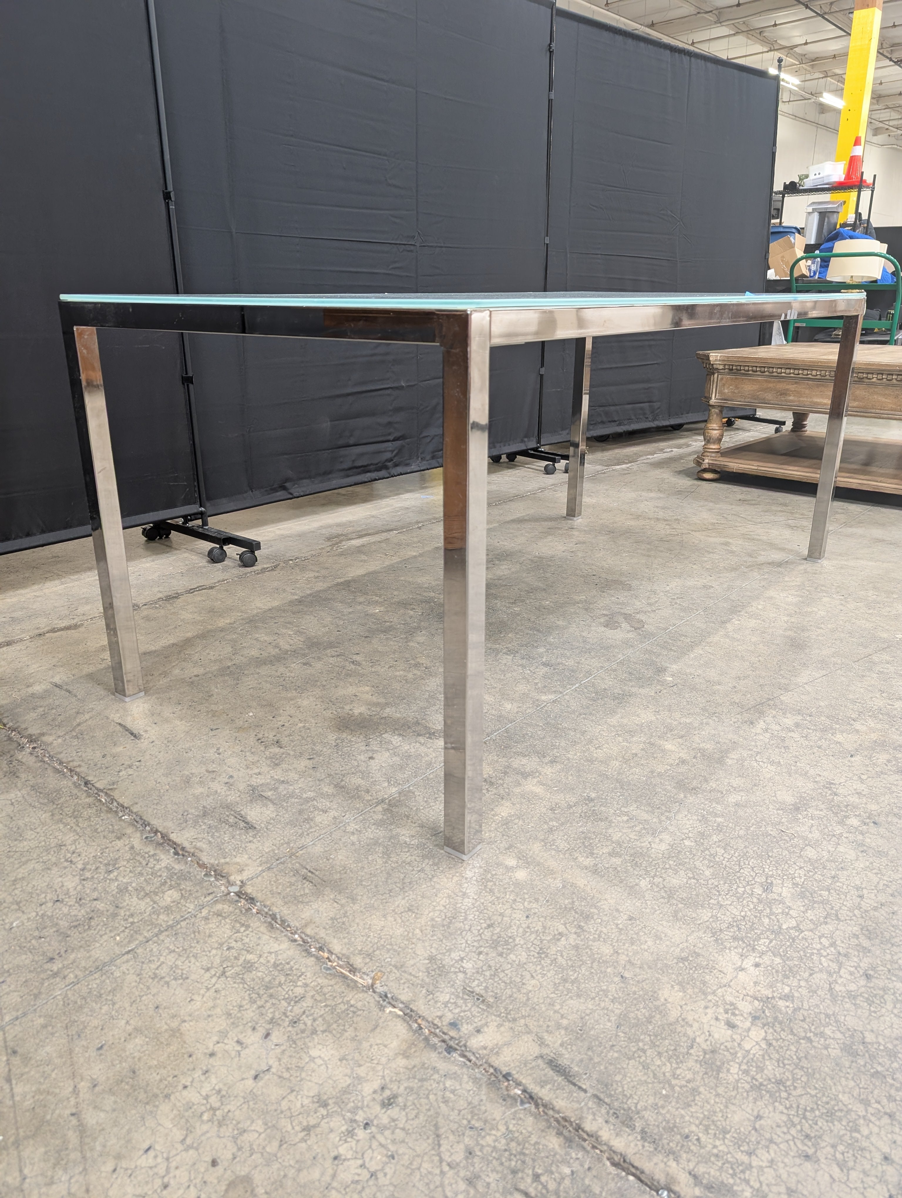 Contemporary Frosted Glass Top Dining Table with Polished Metal Legs
