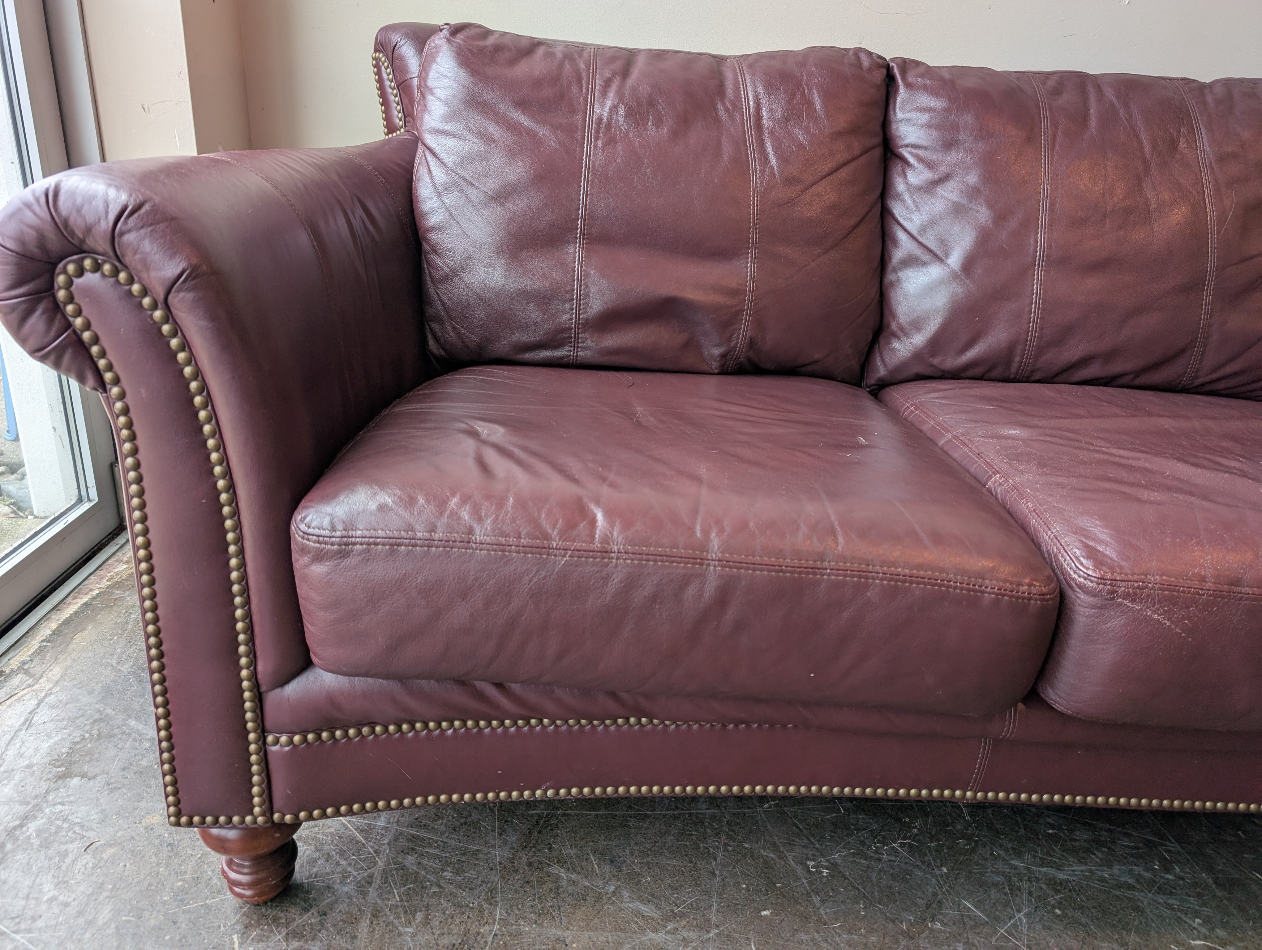 Burgundy Leather Three-Seat Sofa with Rolled Arms