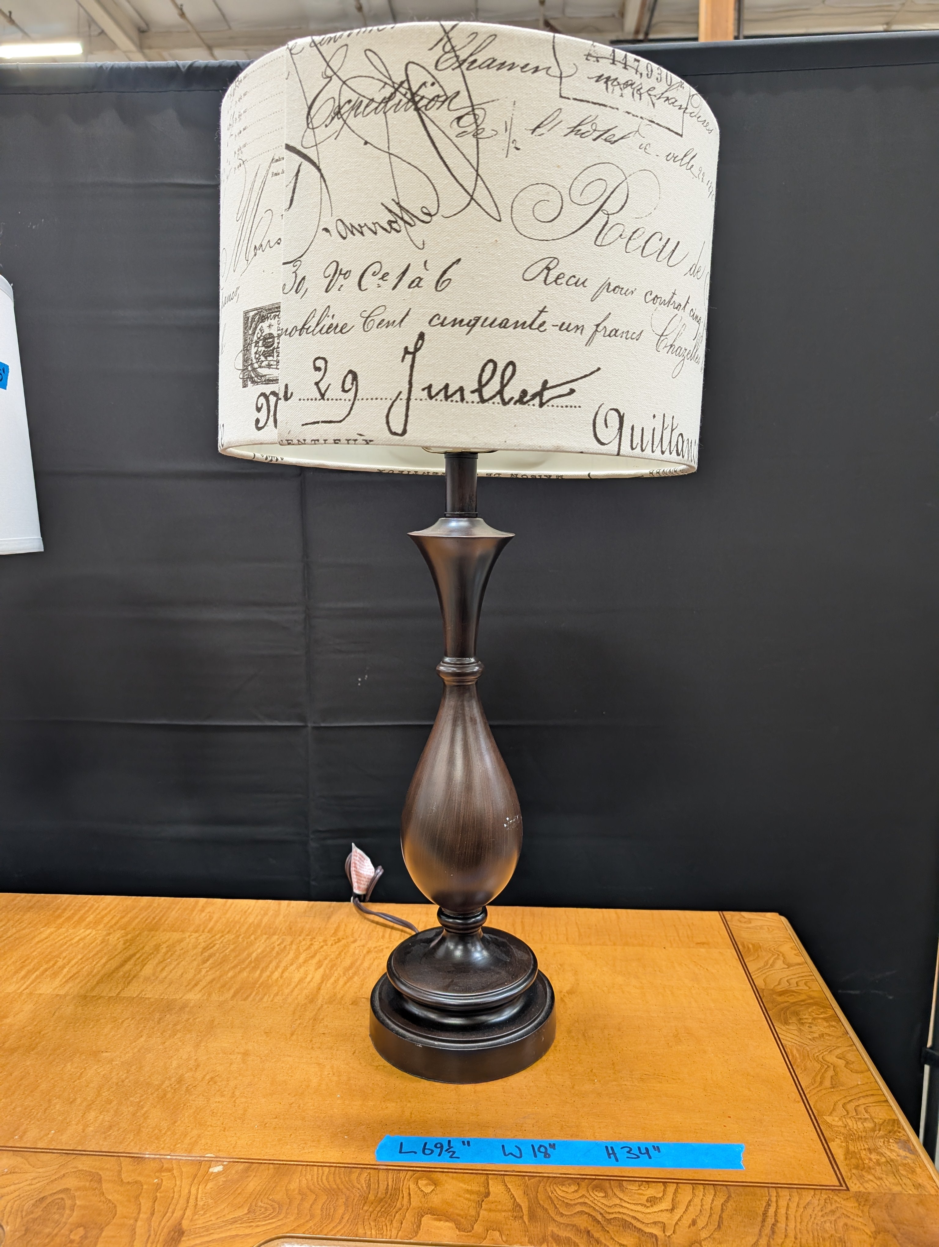 French Script Calligraphy Drum Shade Table Lamp