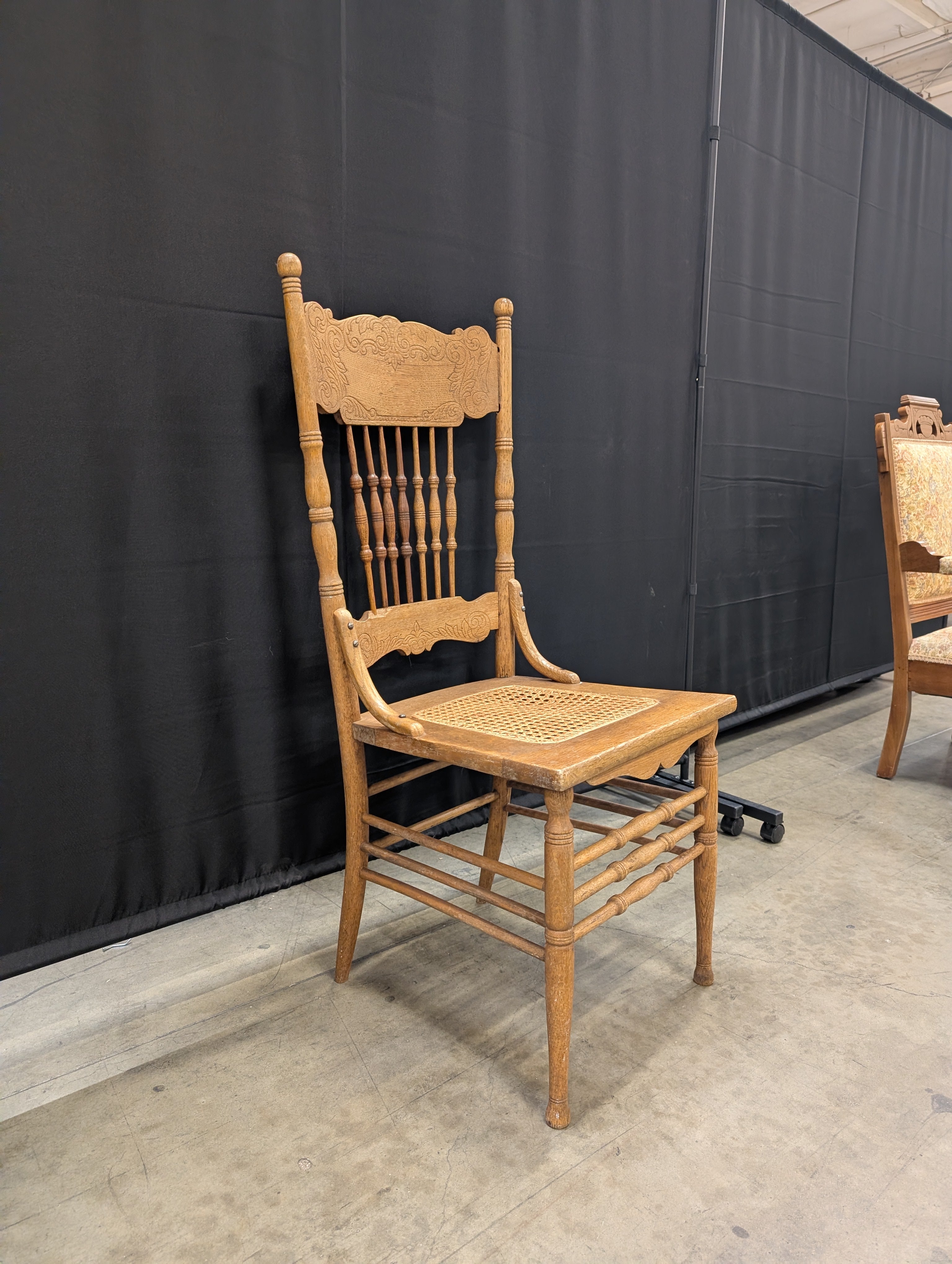 Vintage Carved Wood Spindle Back Cane Seat Chair