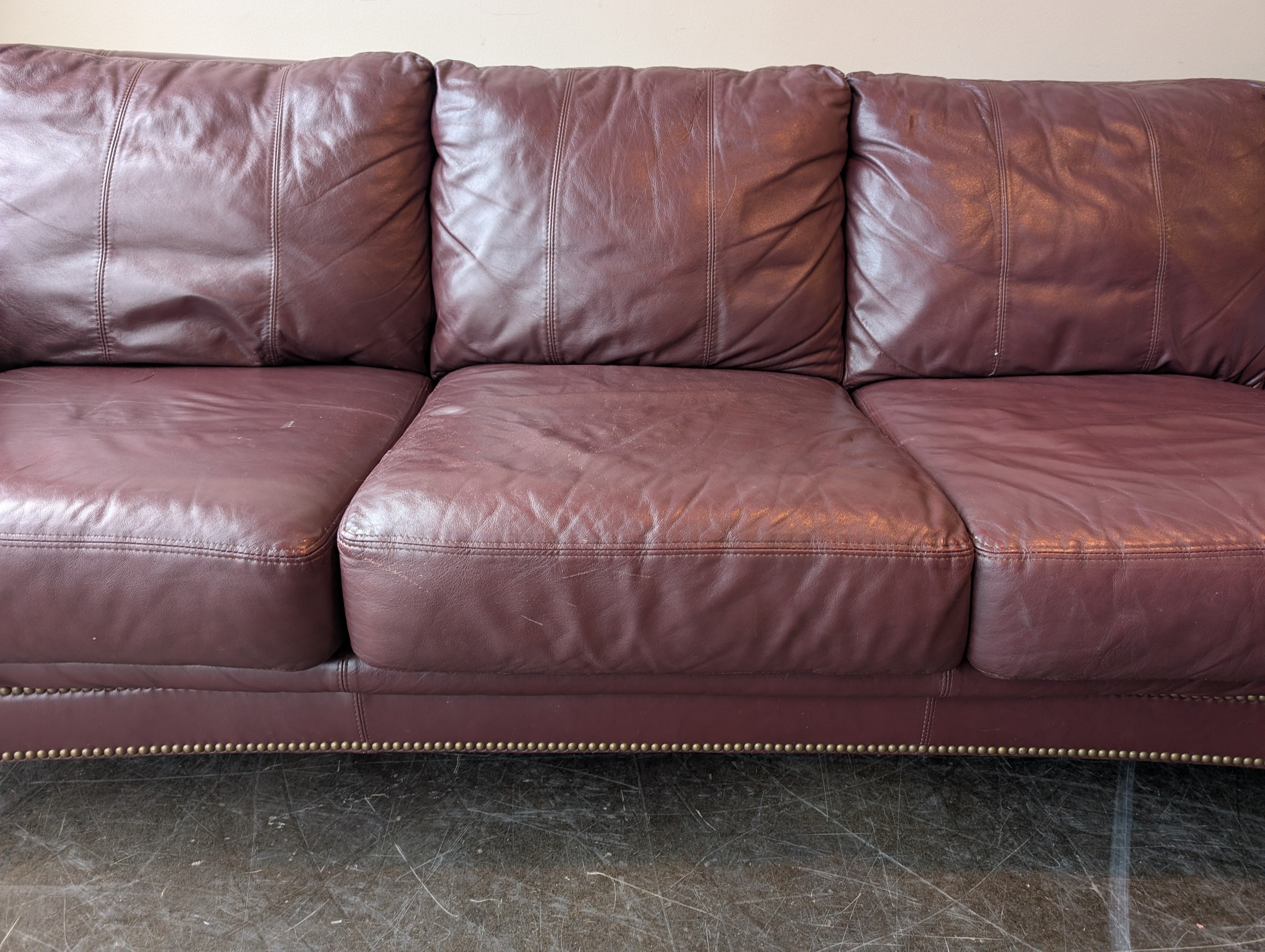 Burgundy Leather Three-Seat Sofa with Rolled Arms