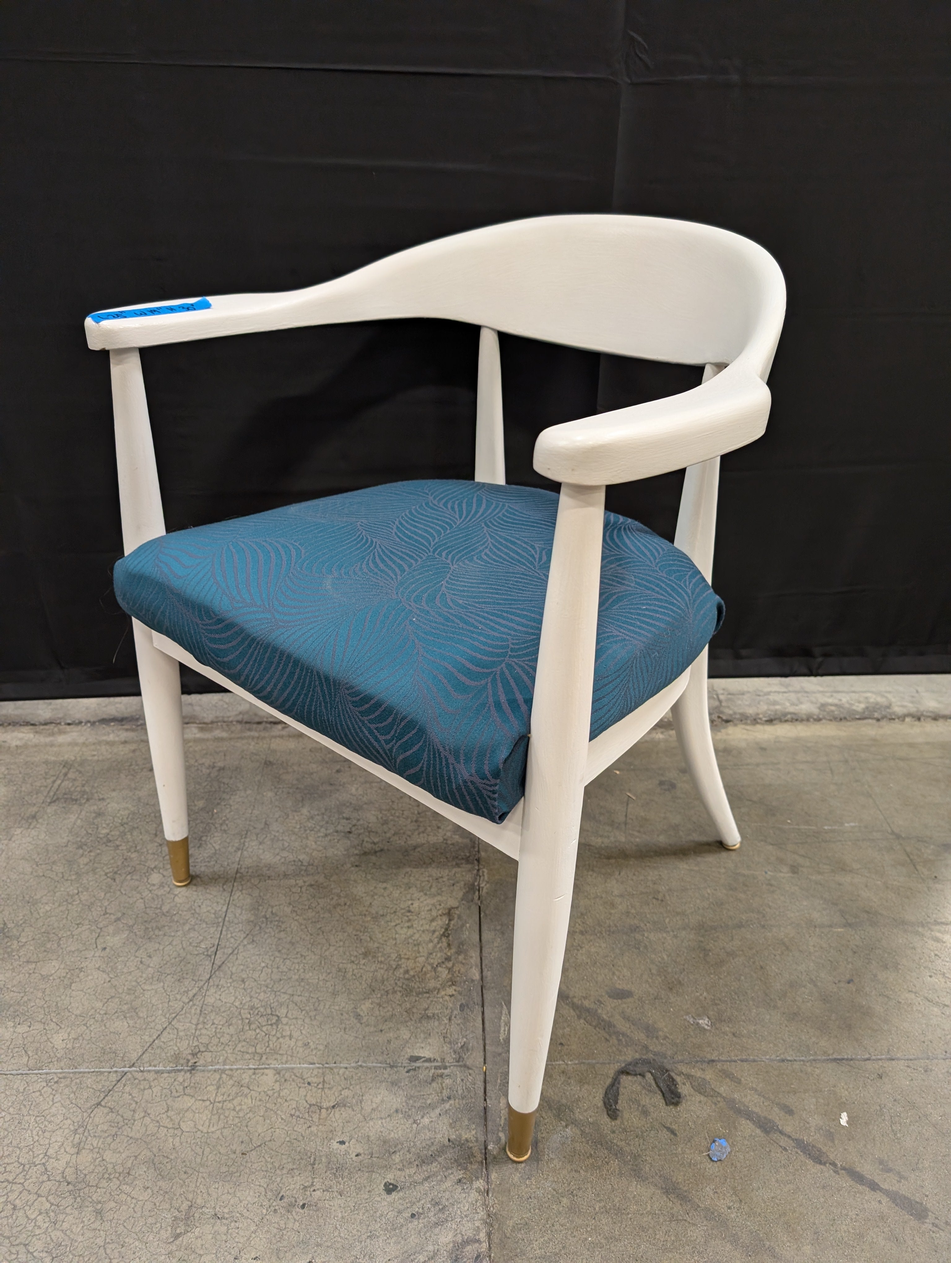 Mid-Century Inspired White Frame Armchair with Teal Patterned Upholstery