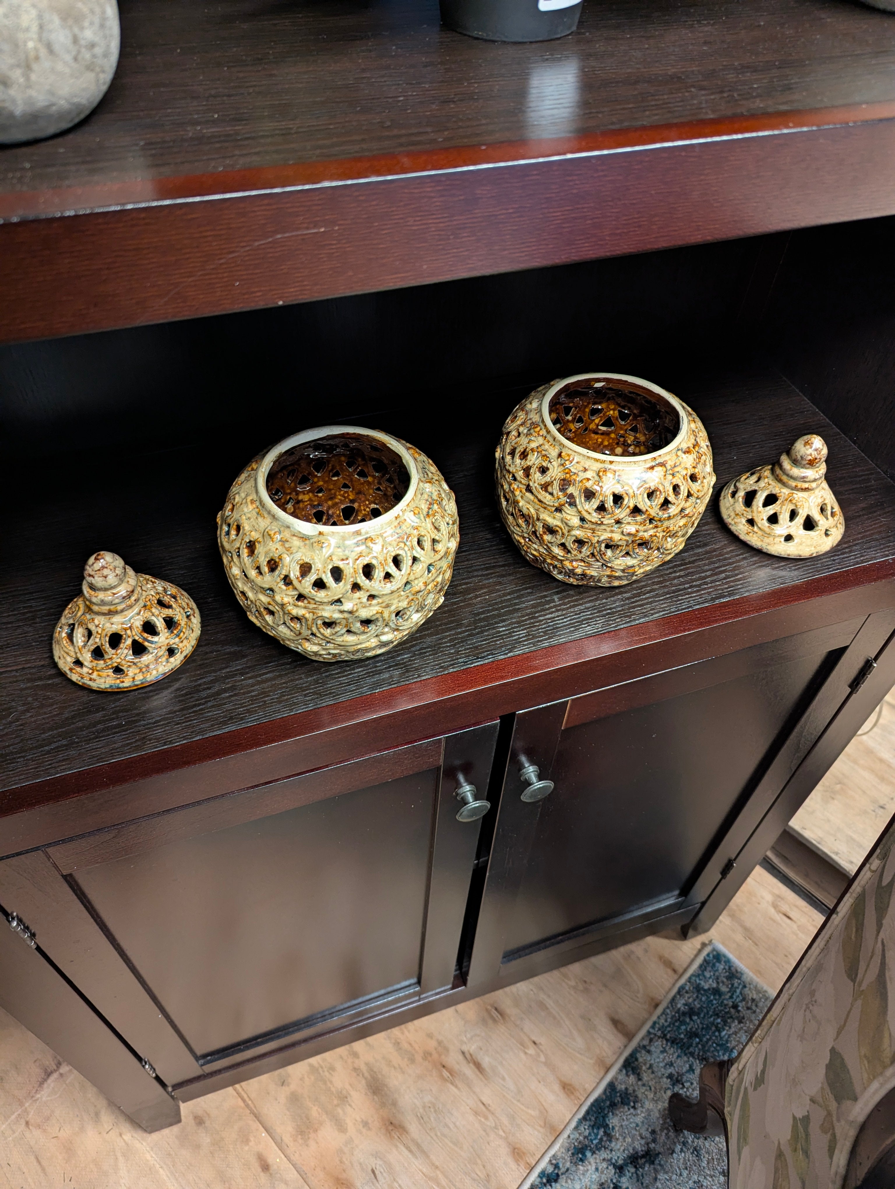 Ornate Pierced Ceramic Lidded Jar Decorative Urn