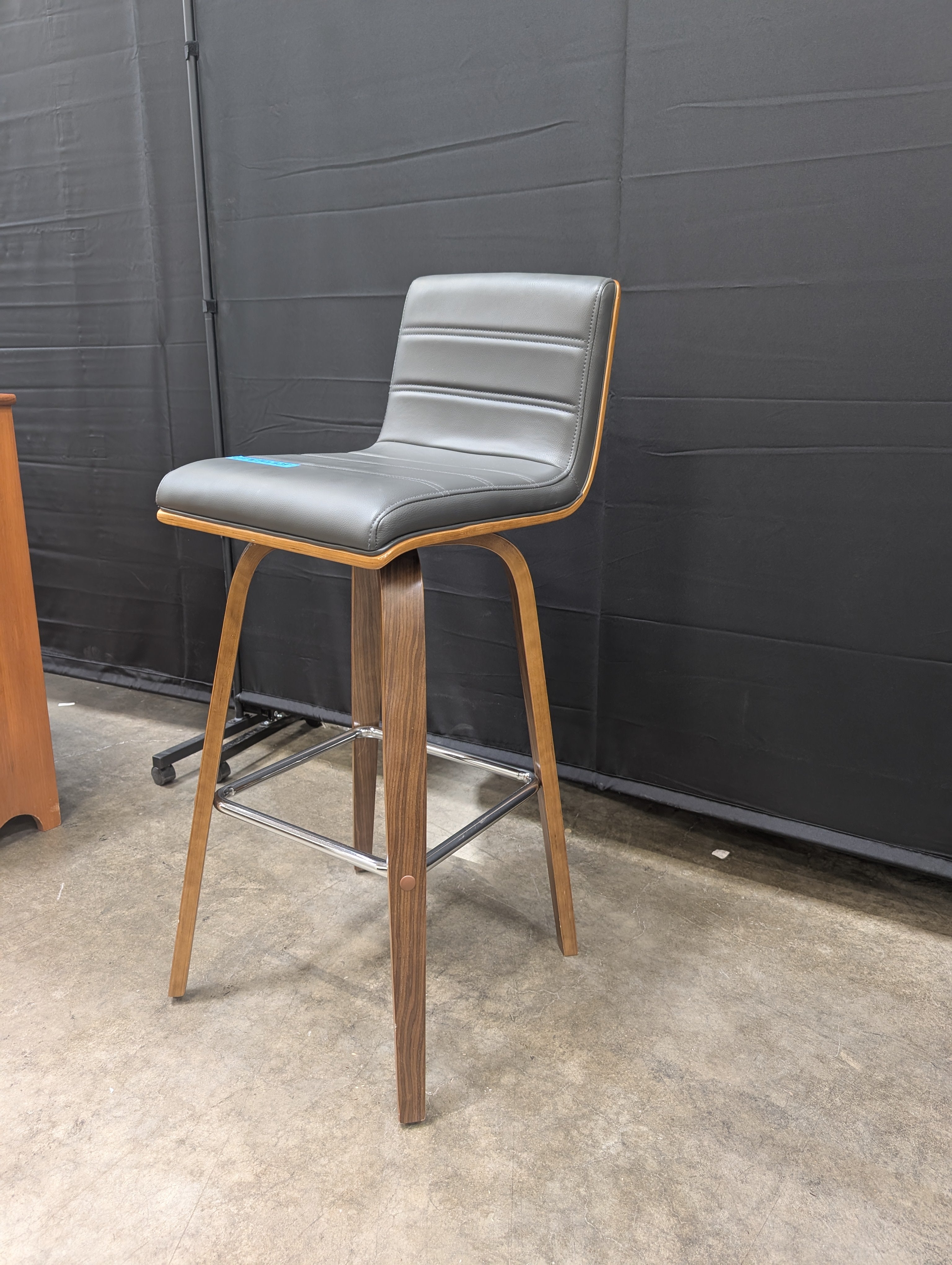 Grey Channel-Tufted Bar Stool in Walnut Wood