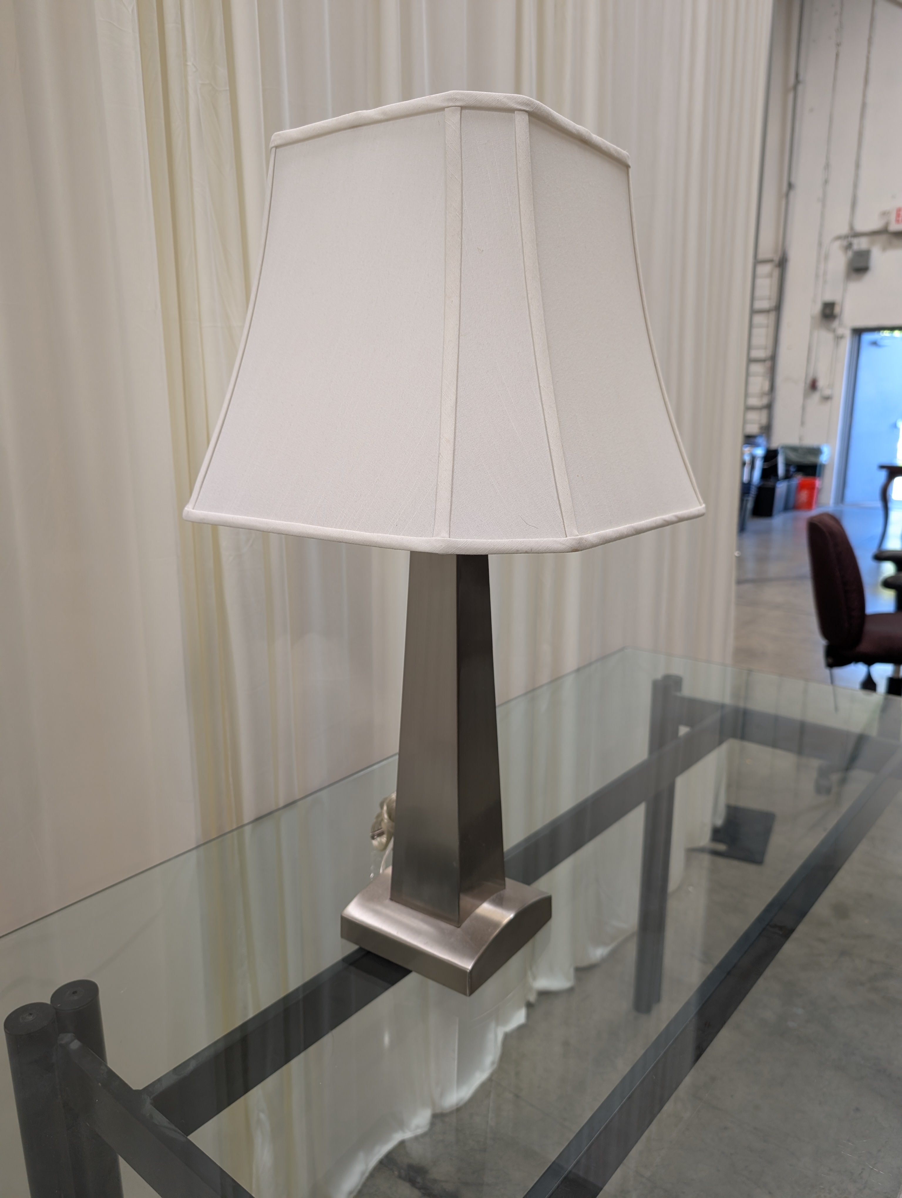 Brushed Nickel Finish Table Lamp with White Fabric Shade