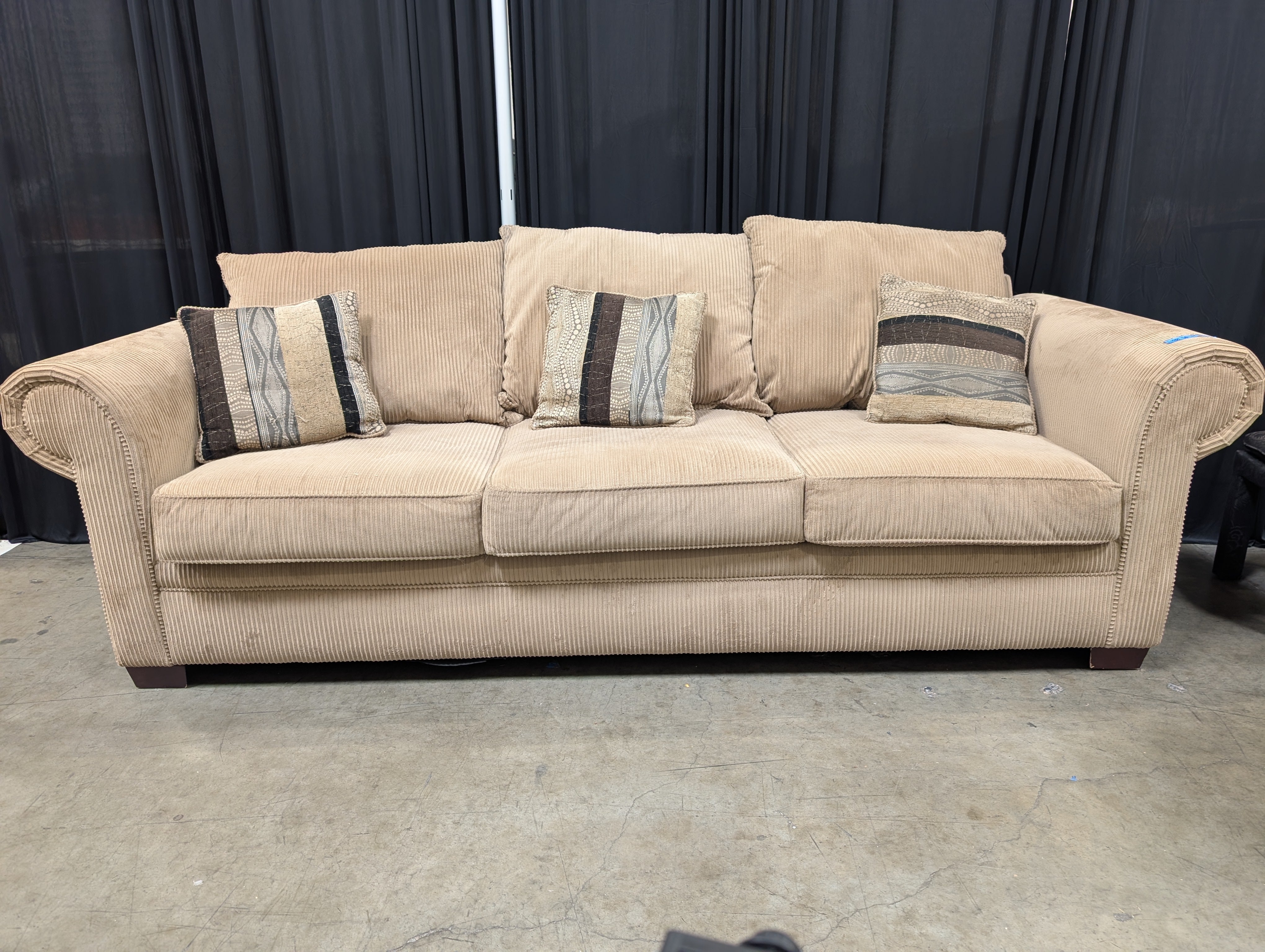 Three-Seat Tan Roll-Arm Couch in Corduroy
