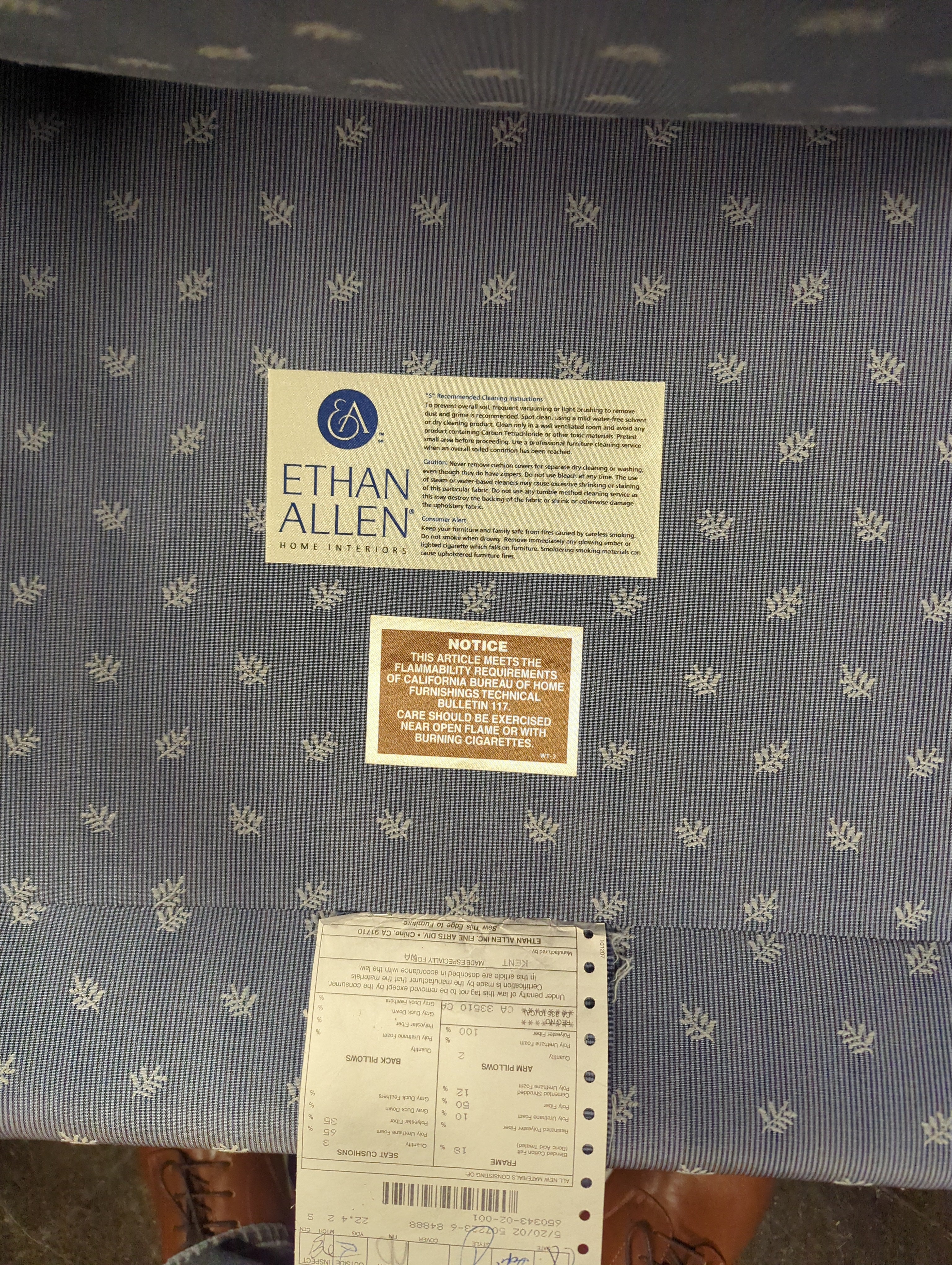 Ethan Allen Blue Leaf and Stripe Sofa