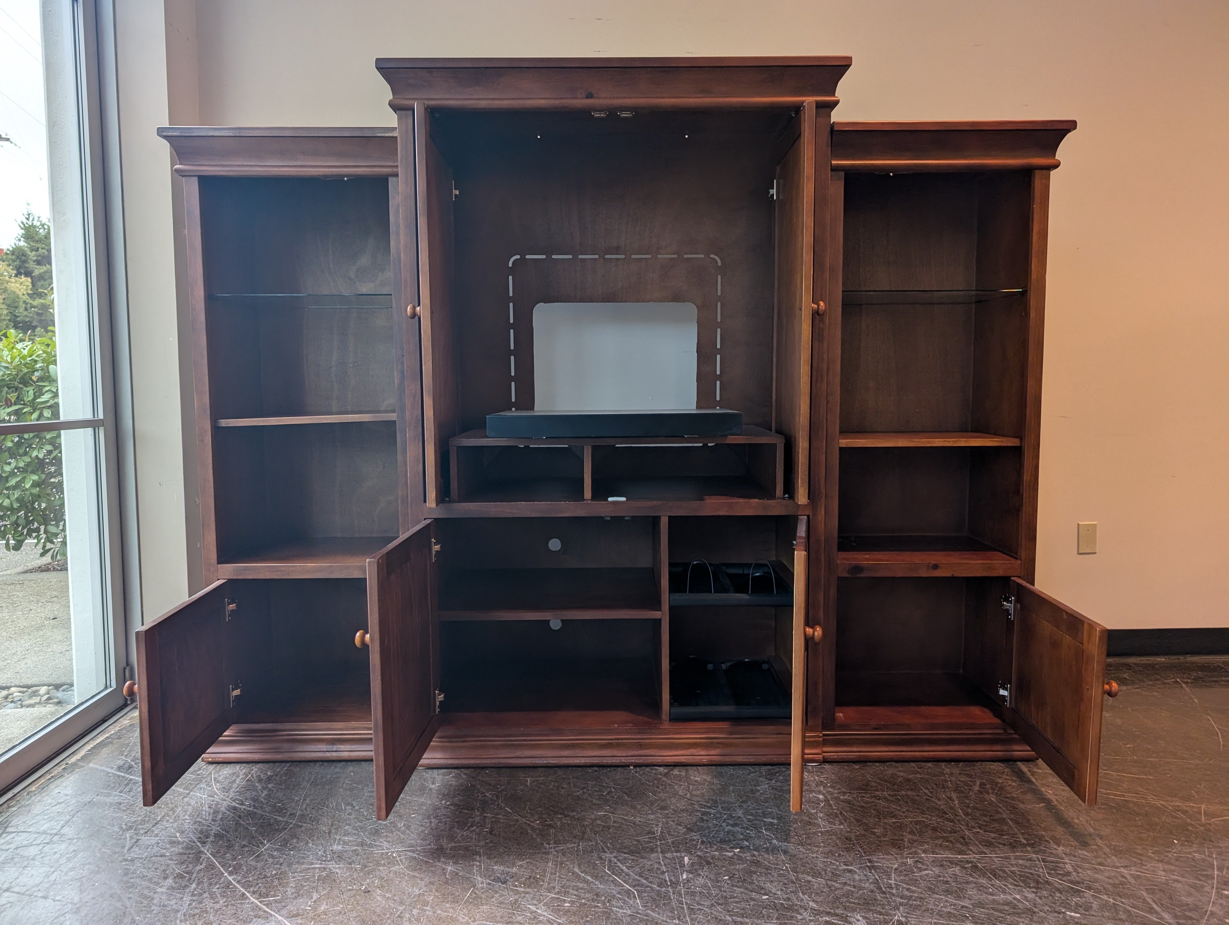 Spacious Brown Wood Entertainment Center with Woven Cabinet Doors