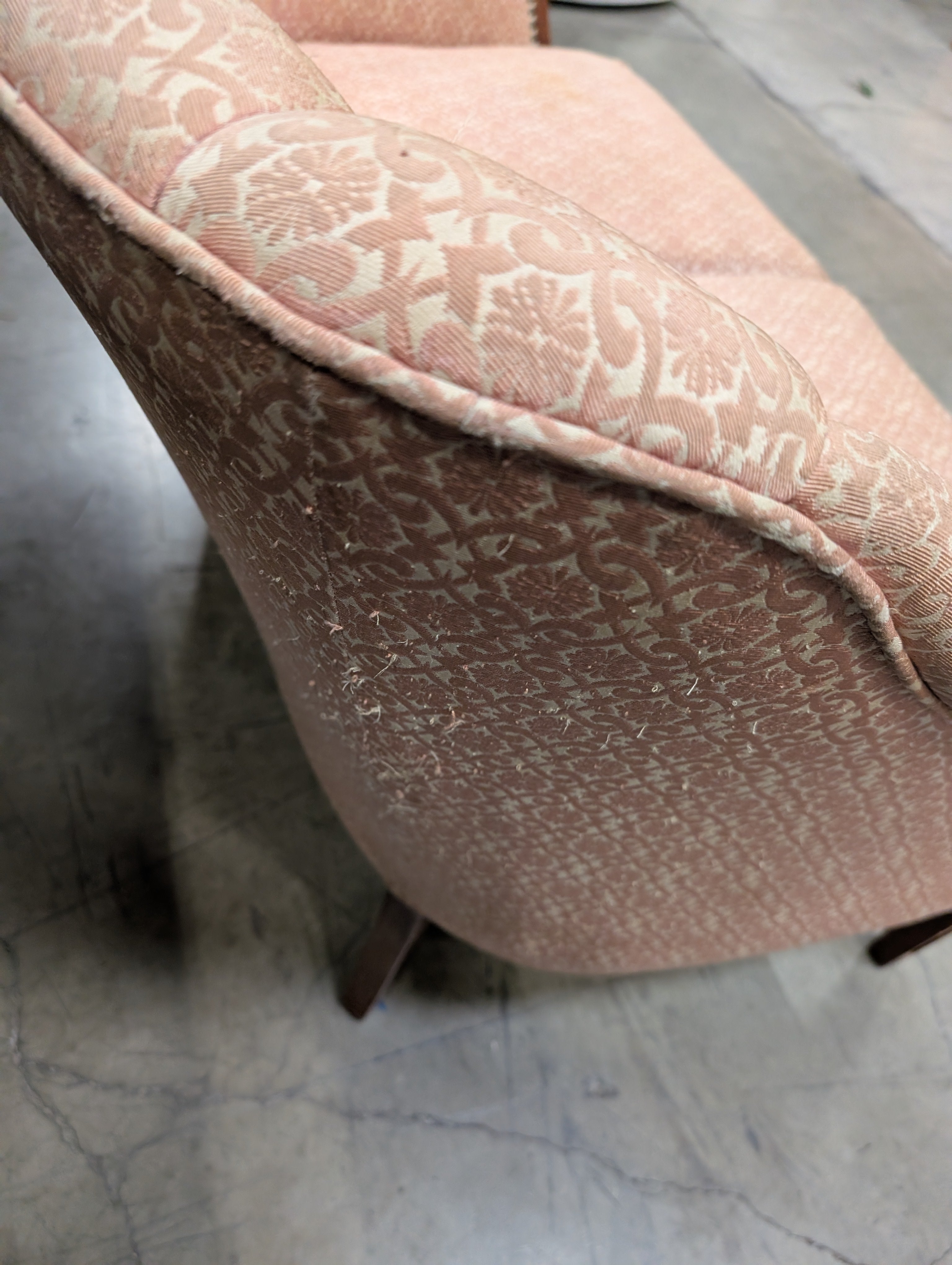 Poor condition Traditional Patterned Fabric Two-Seater Sofa with Wood Frame
