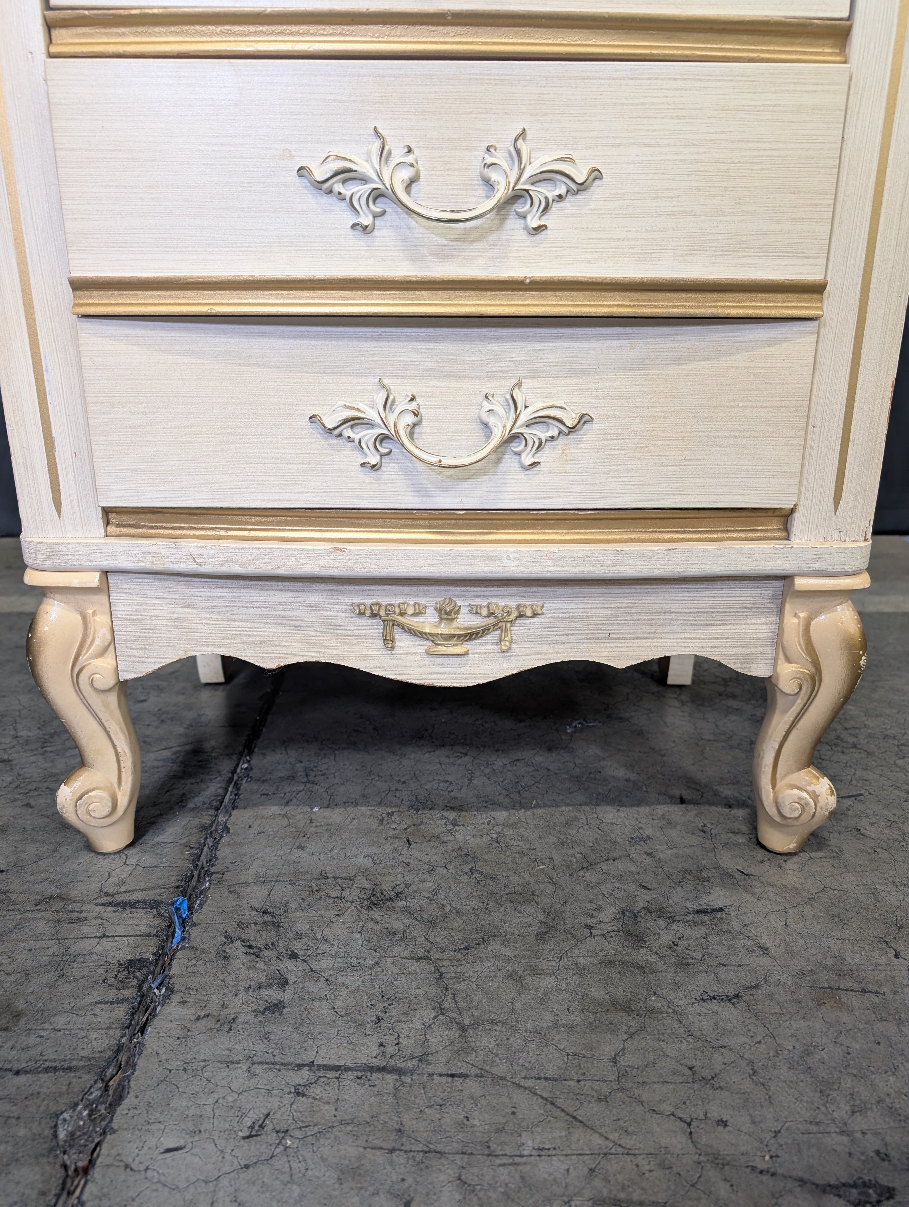 Vintage French Provincial Tall Chest of Drawers, Cream and Gilt Accents