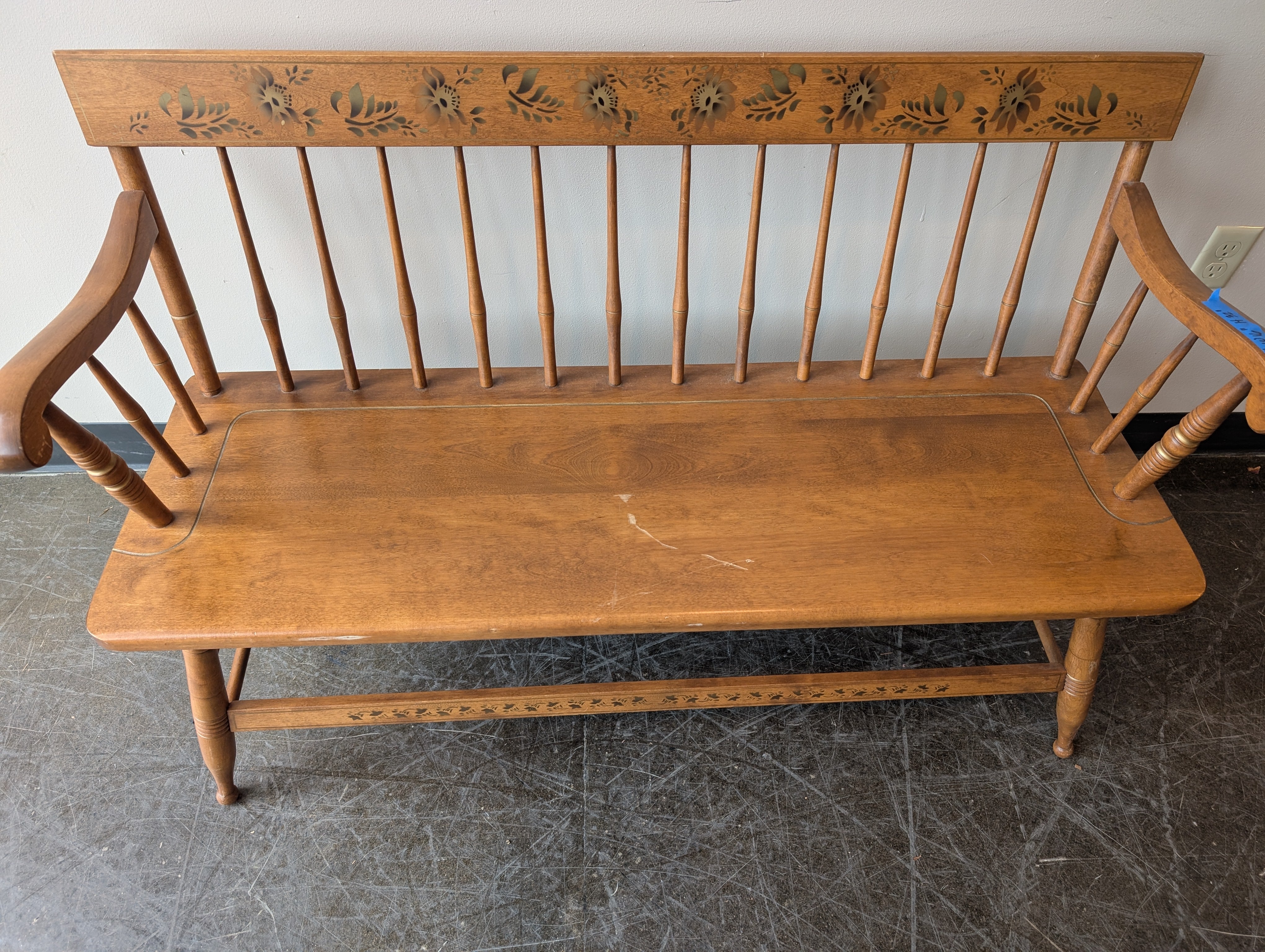 S. Bent & Bros. Colonial Spindle Back Wood Settee with Floral Stencil