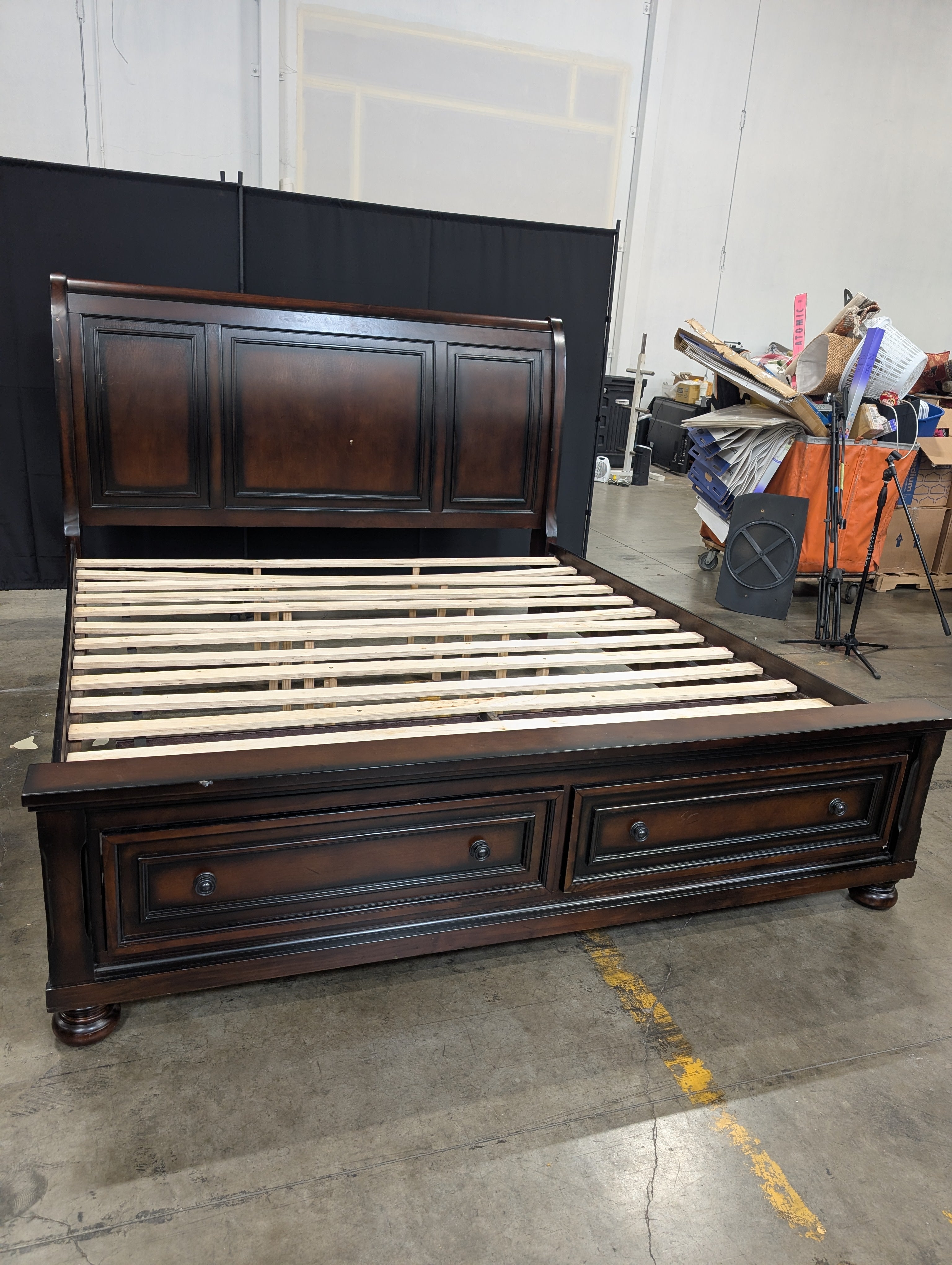 Dark Wood Sleigh Bed Frame with Storage