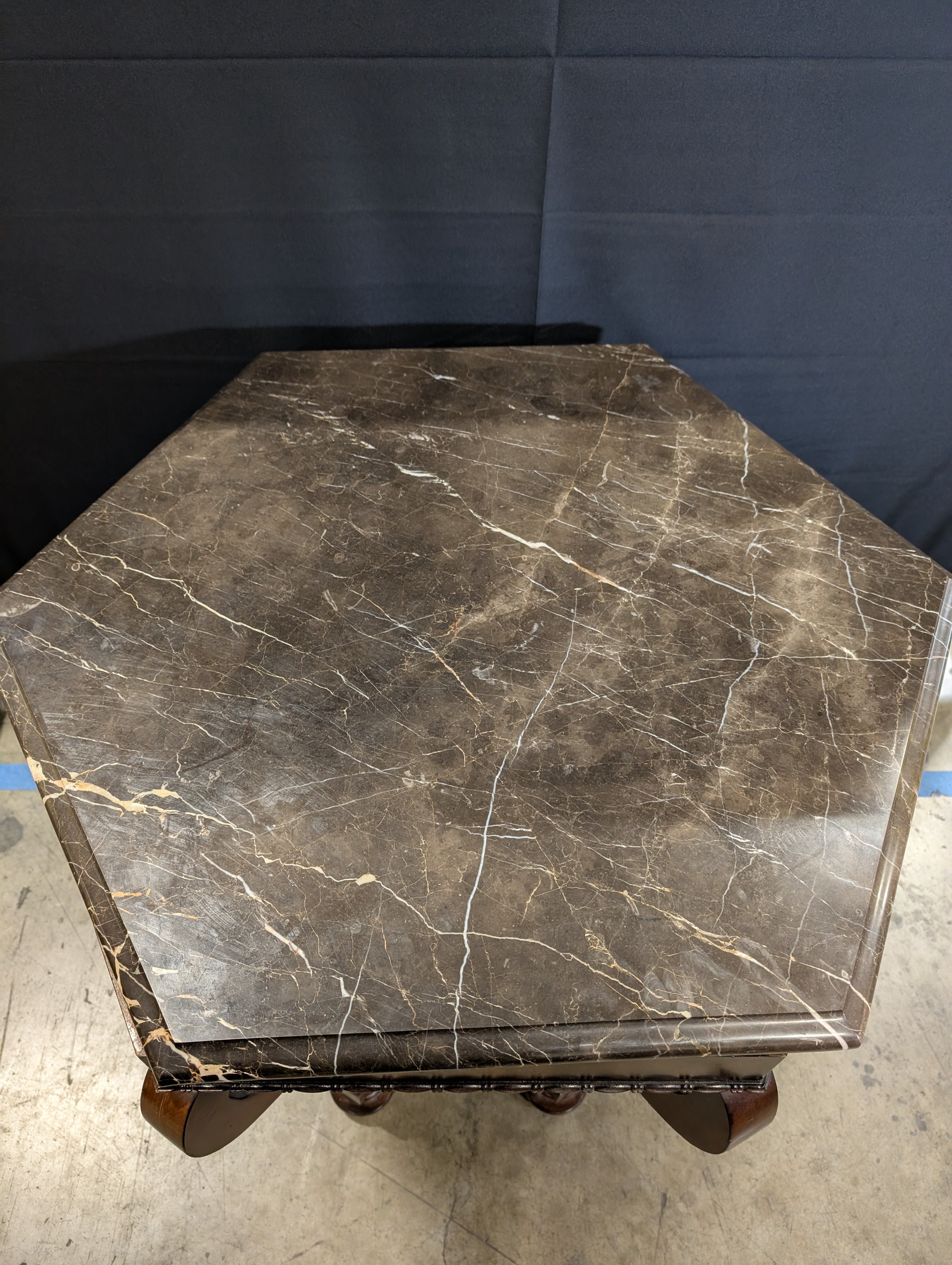 Hexagonal Dark Marble Top Accent Table with Carved Wood Pedestal Base