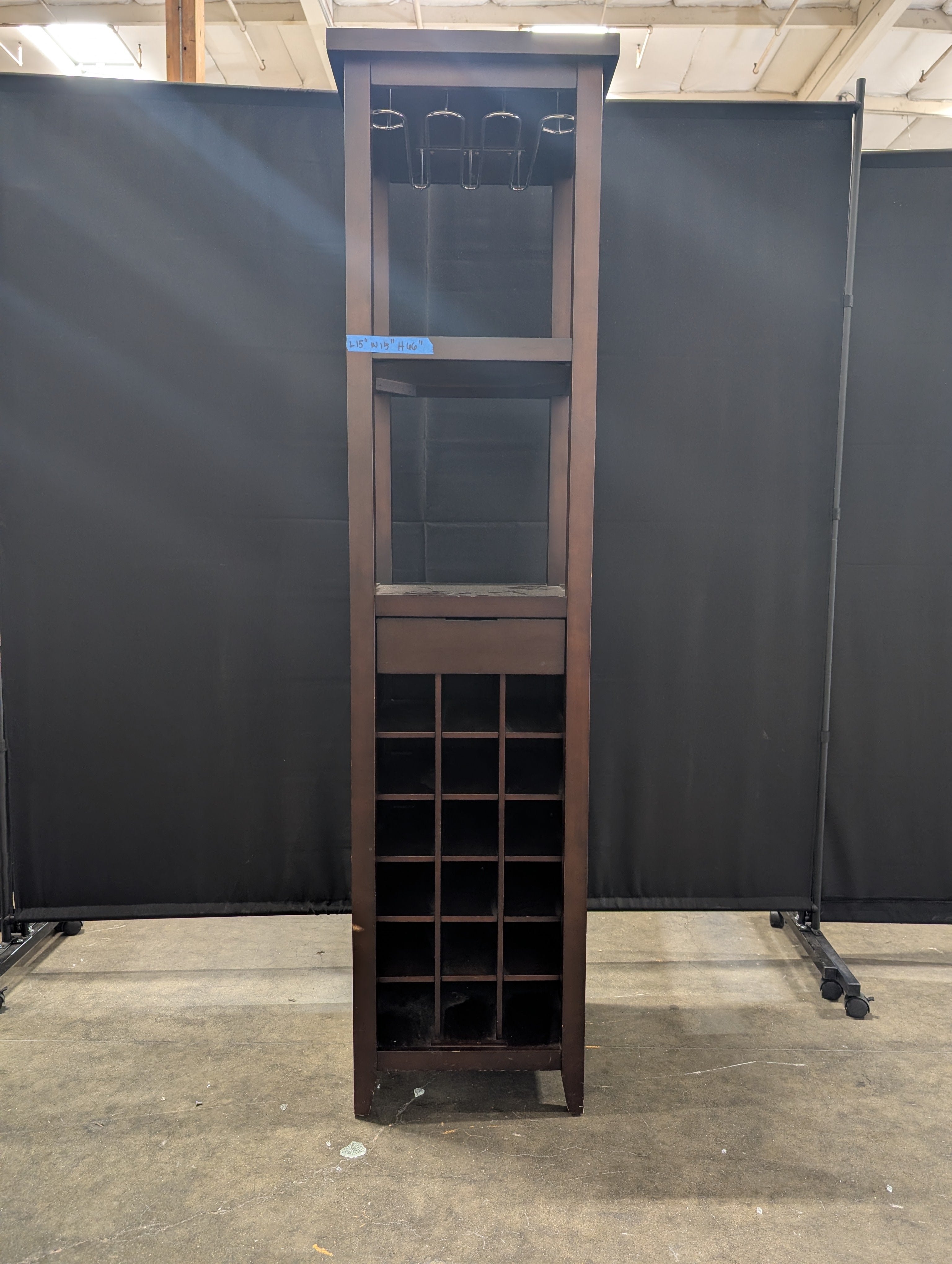 Dark Wood Freestanding Bar Cabinet with Glass Rack