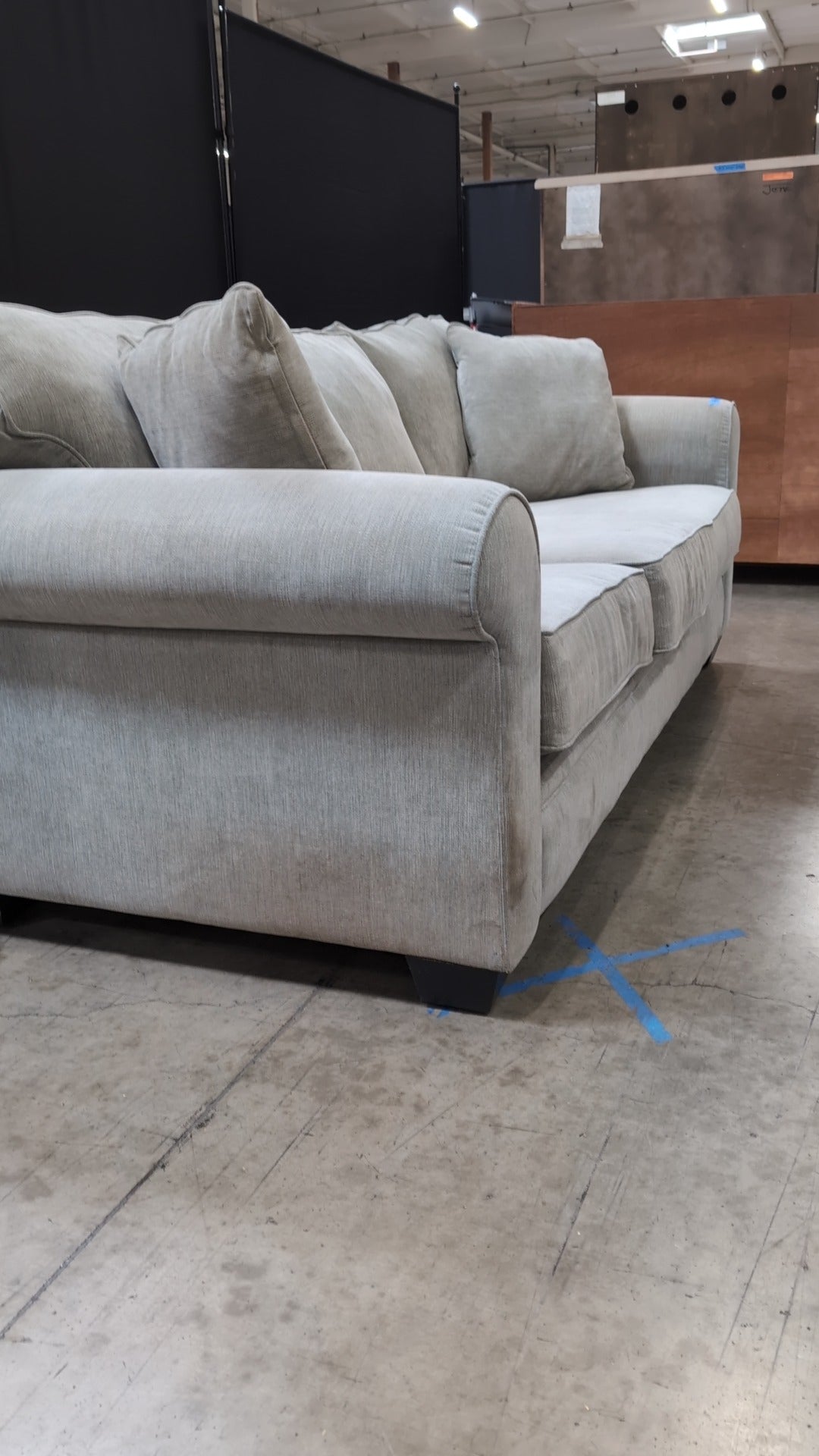 Used Greige Fabric Three-Seater Sofa with Rolled Arms