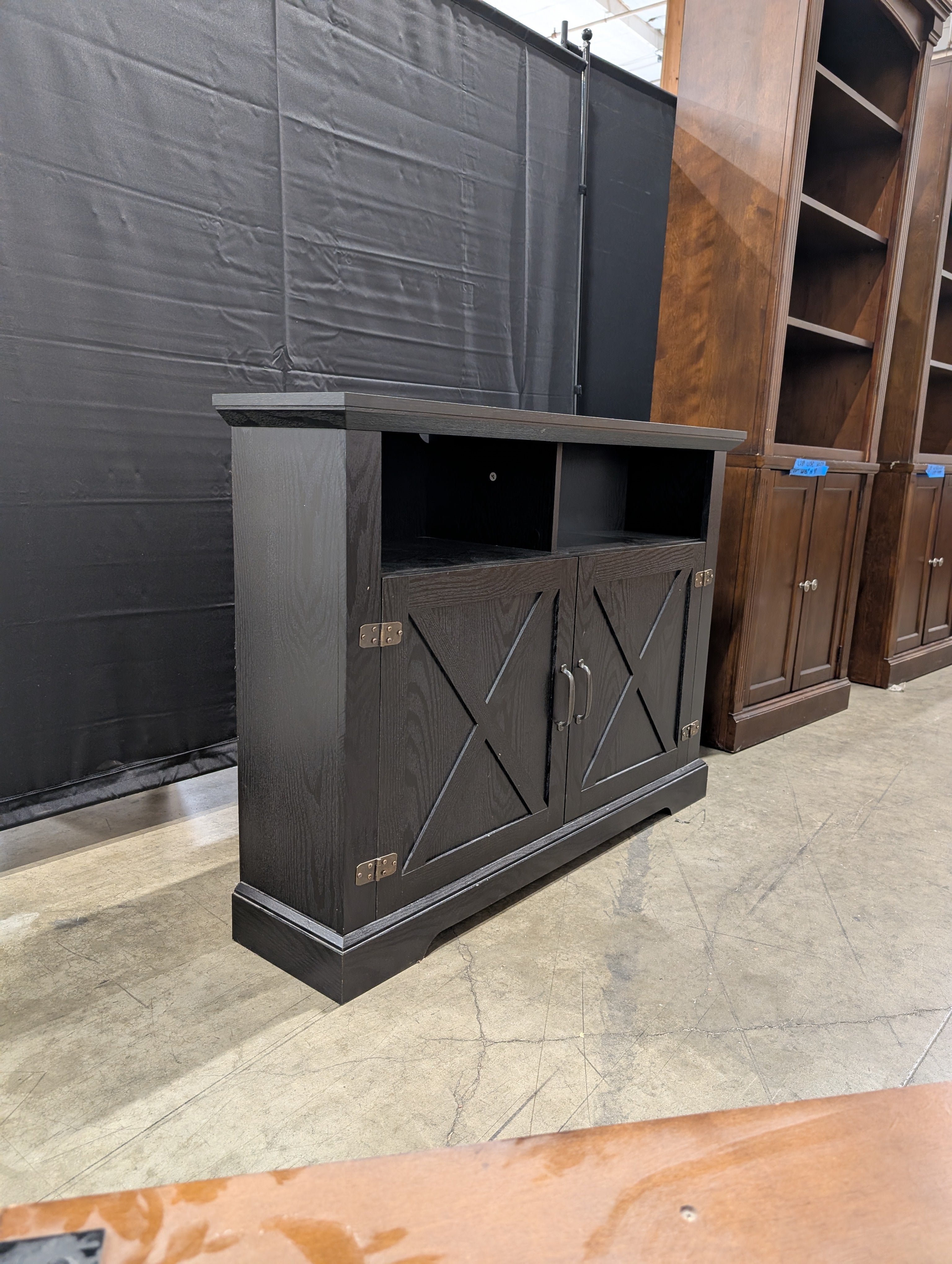 Black Corner Media Console with X-Panel Cabinet Doors