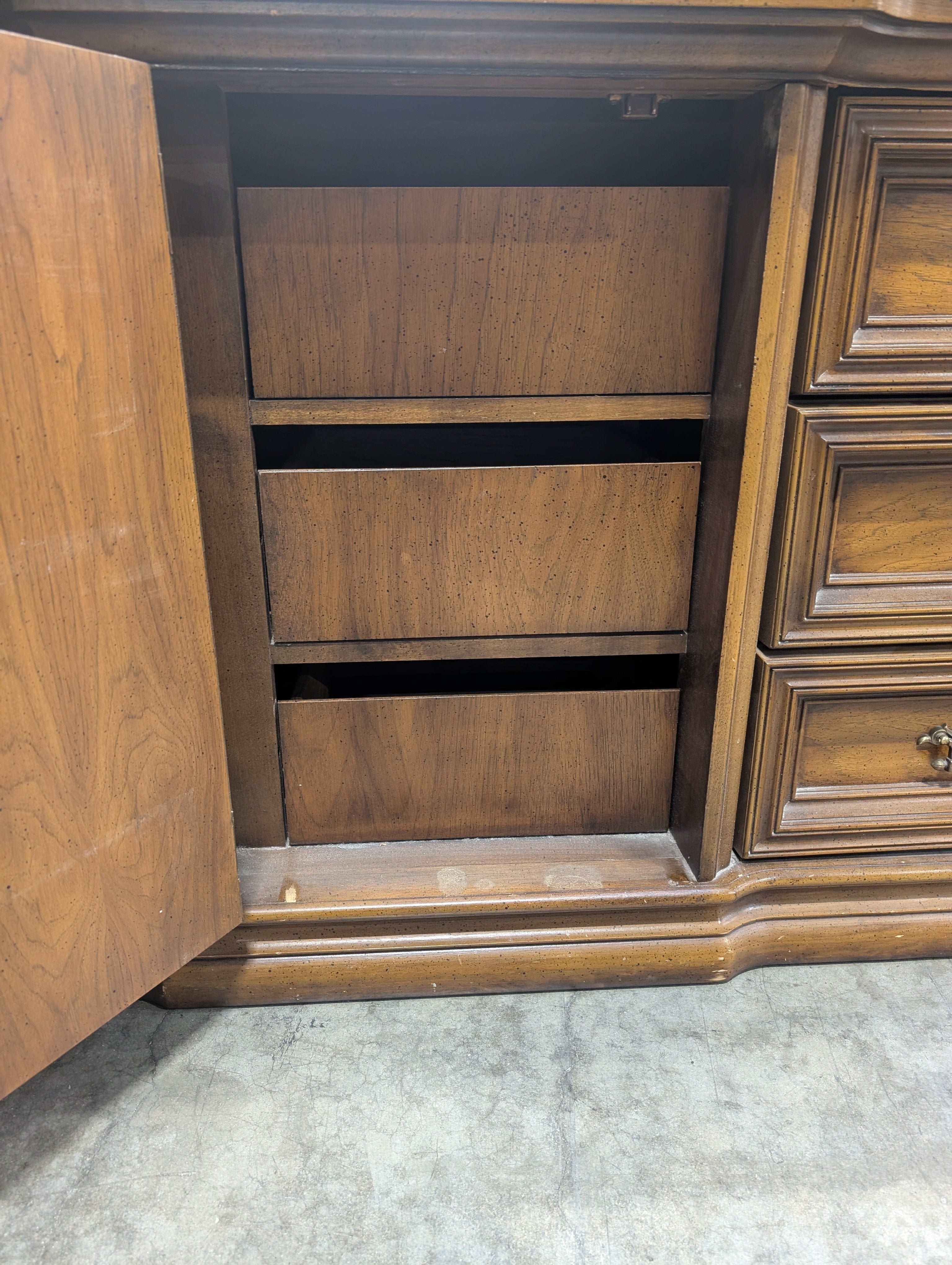 Ornate Traditional Dark Wood Dresser with Nine Drawers and Two Carved Mirrors