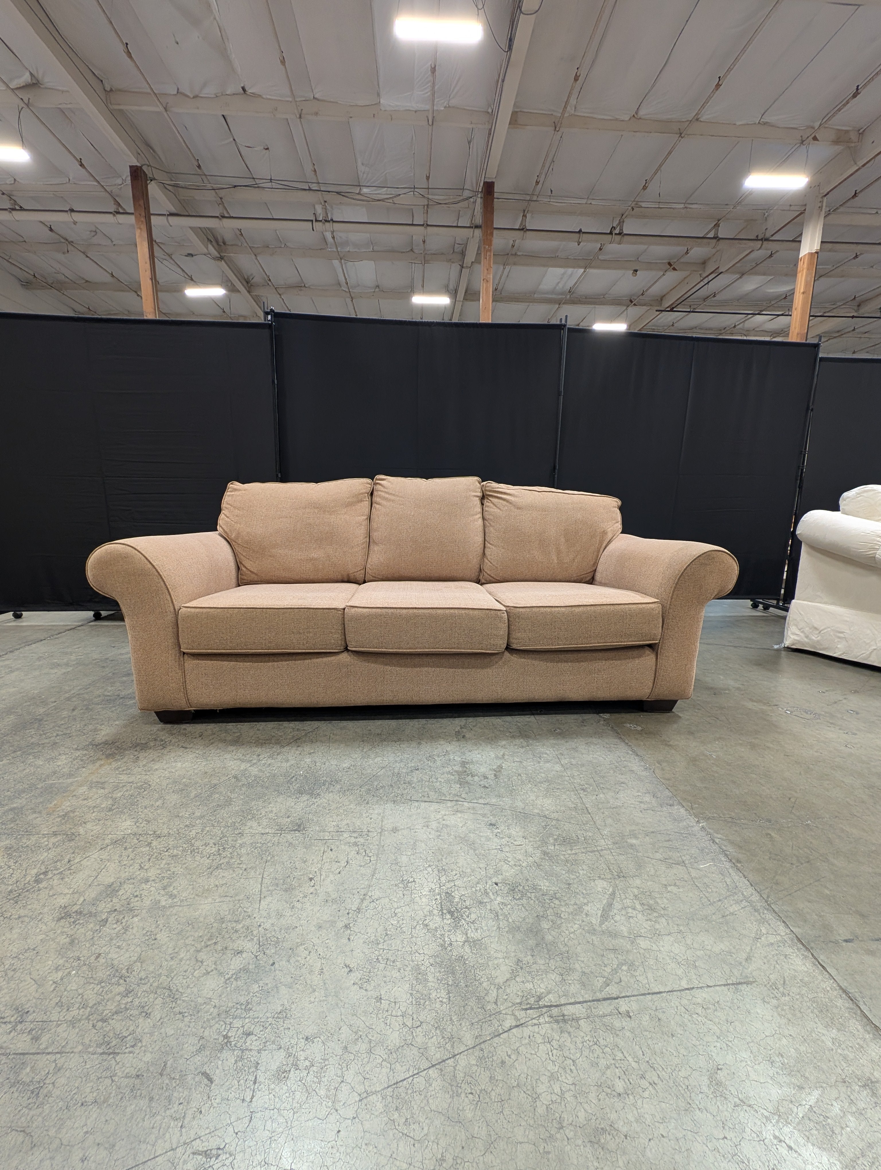 Neutral Beige Thomasville Three-Seat Sofa with Rolled Arms