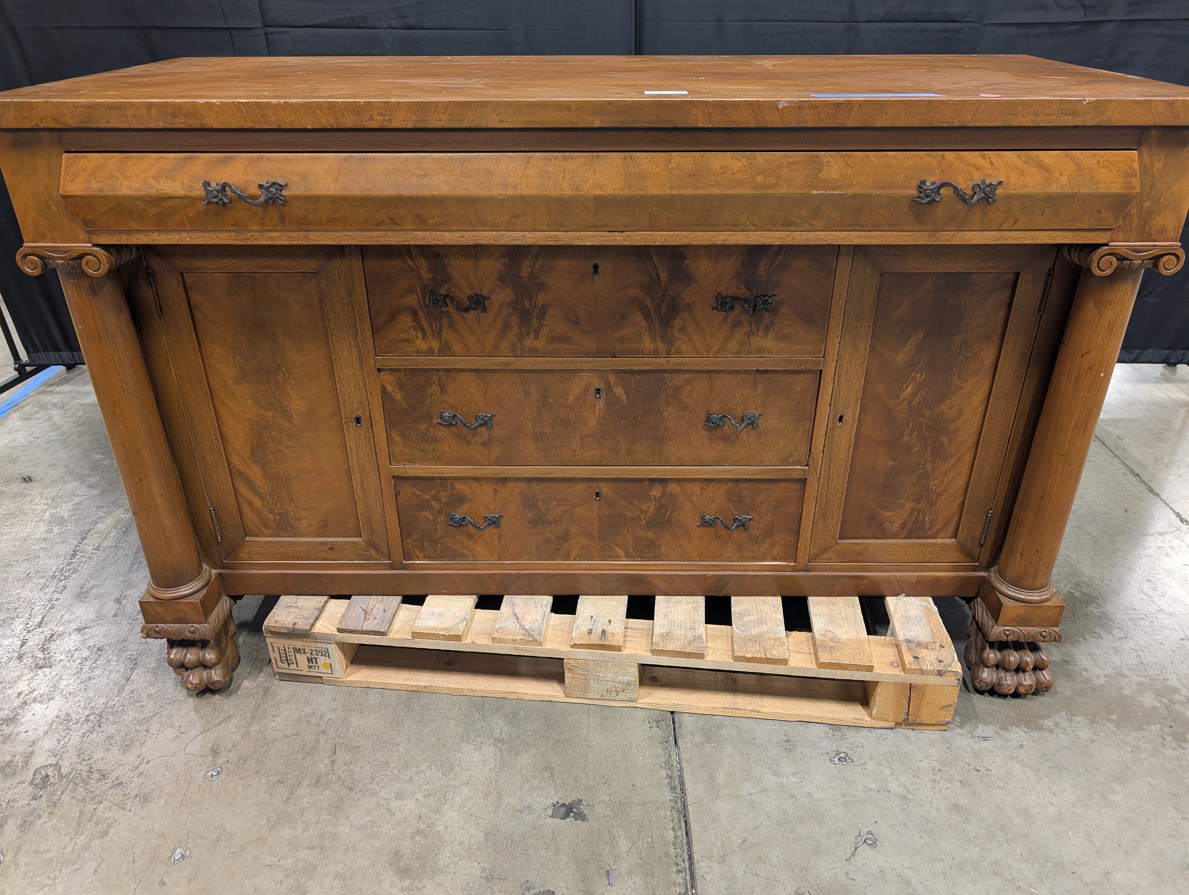 Vintage Wood Sideboard with Ornate Hardware and Fluted Columns