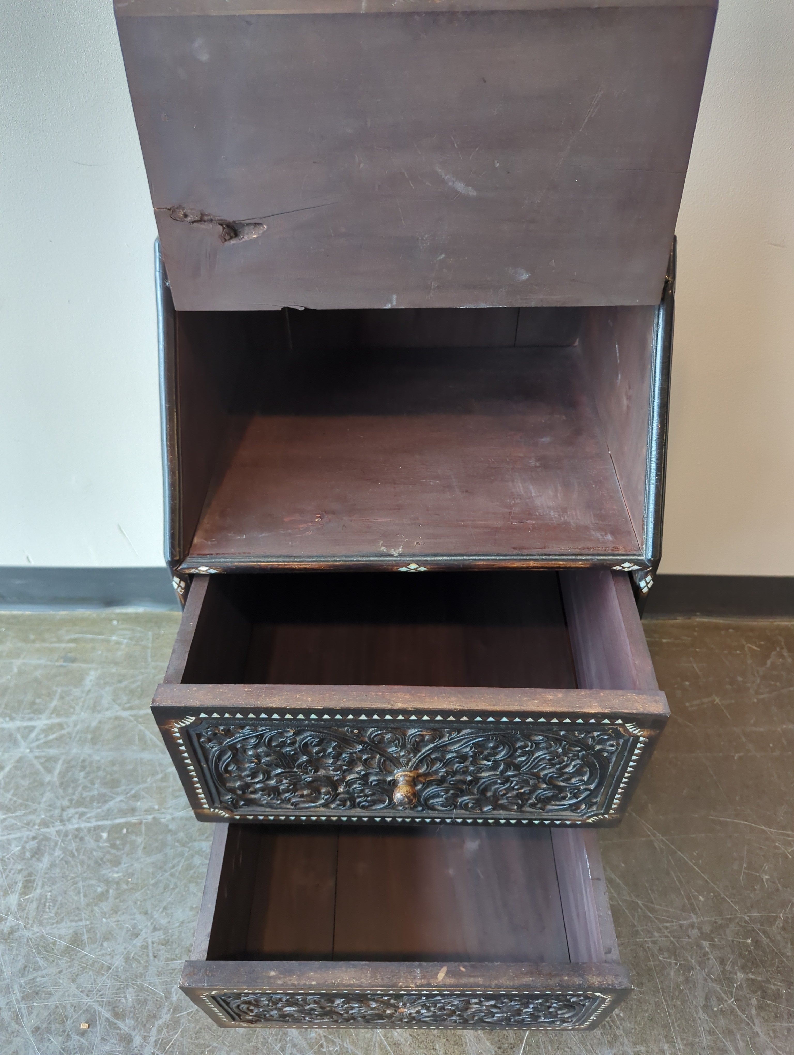 Intricate Carved Dark Wood Inlay Secretary Desk