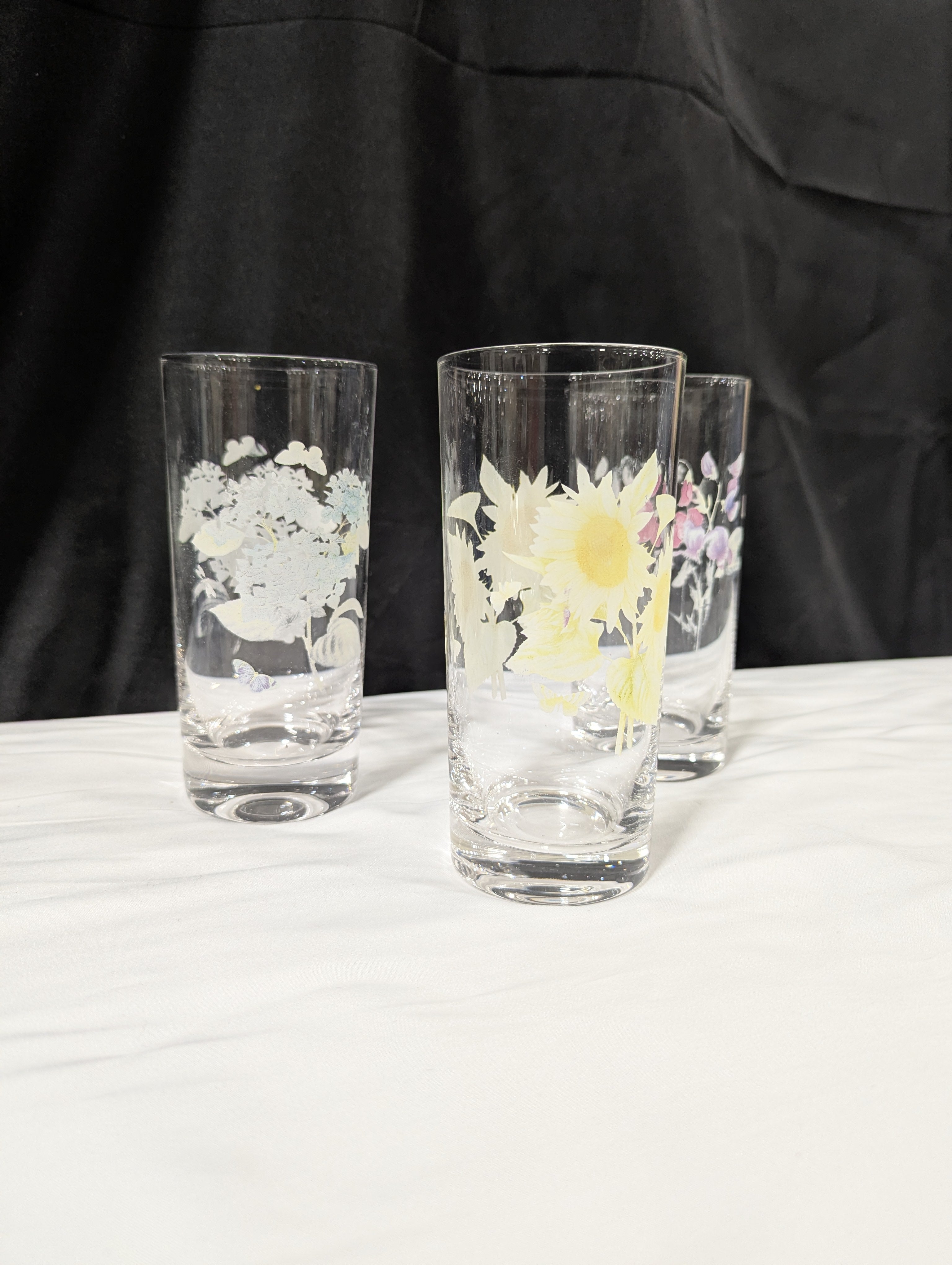 Set of Three Clear Glass Highball Tumblers with Assorted Floral Butterfly Designs